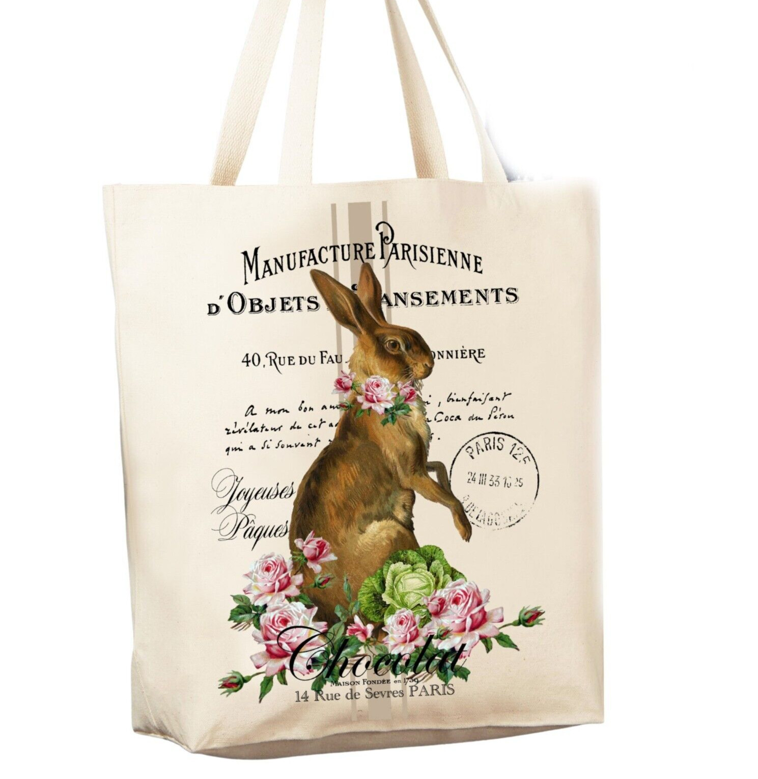 French Easter Bunny 12 oz Reusable Grocery Shopping Cotton Canvas Bag