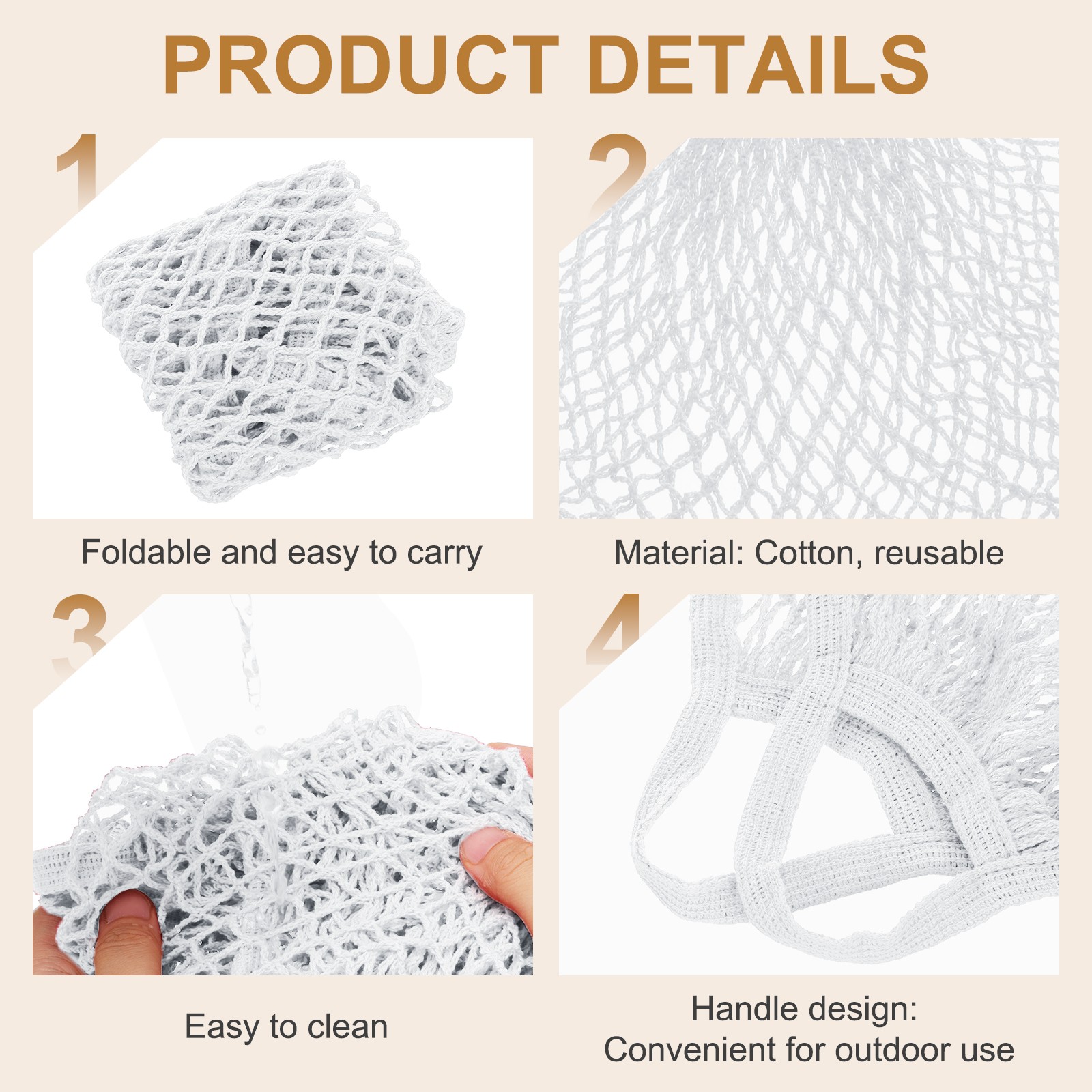 Reusable Mesh Produce Storage Bags Washable Portable Bag Short Handle White