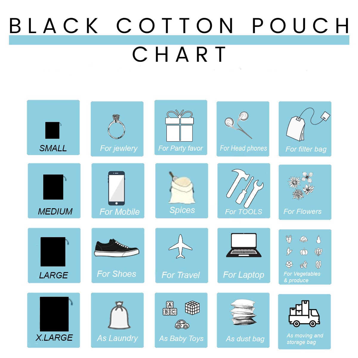Black Cotton Reusable Produce Muslin Bags –Multipurpose Pouch Holiday Bag Sack