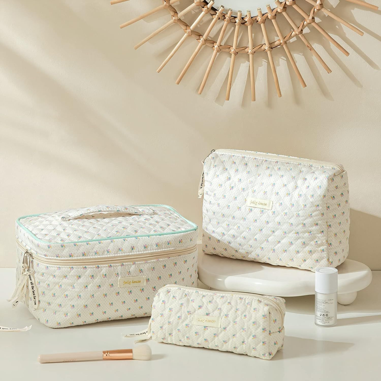 HBselect 3Pcs Cotton Quilted Makeup Bag Coquette Large Flower-3pcs