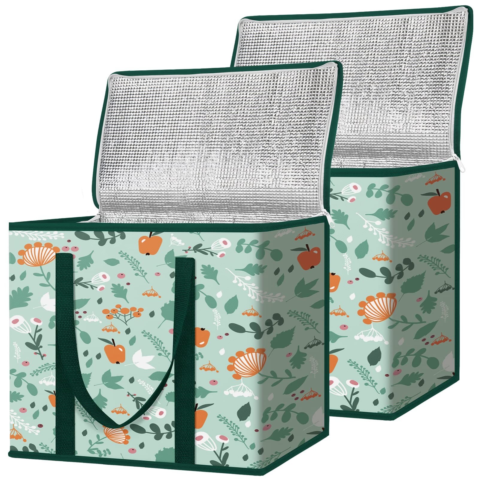 Reusable Grocery Bags 2 Pack, Insulated Cooler Tote for Delivery, Green