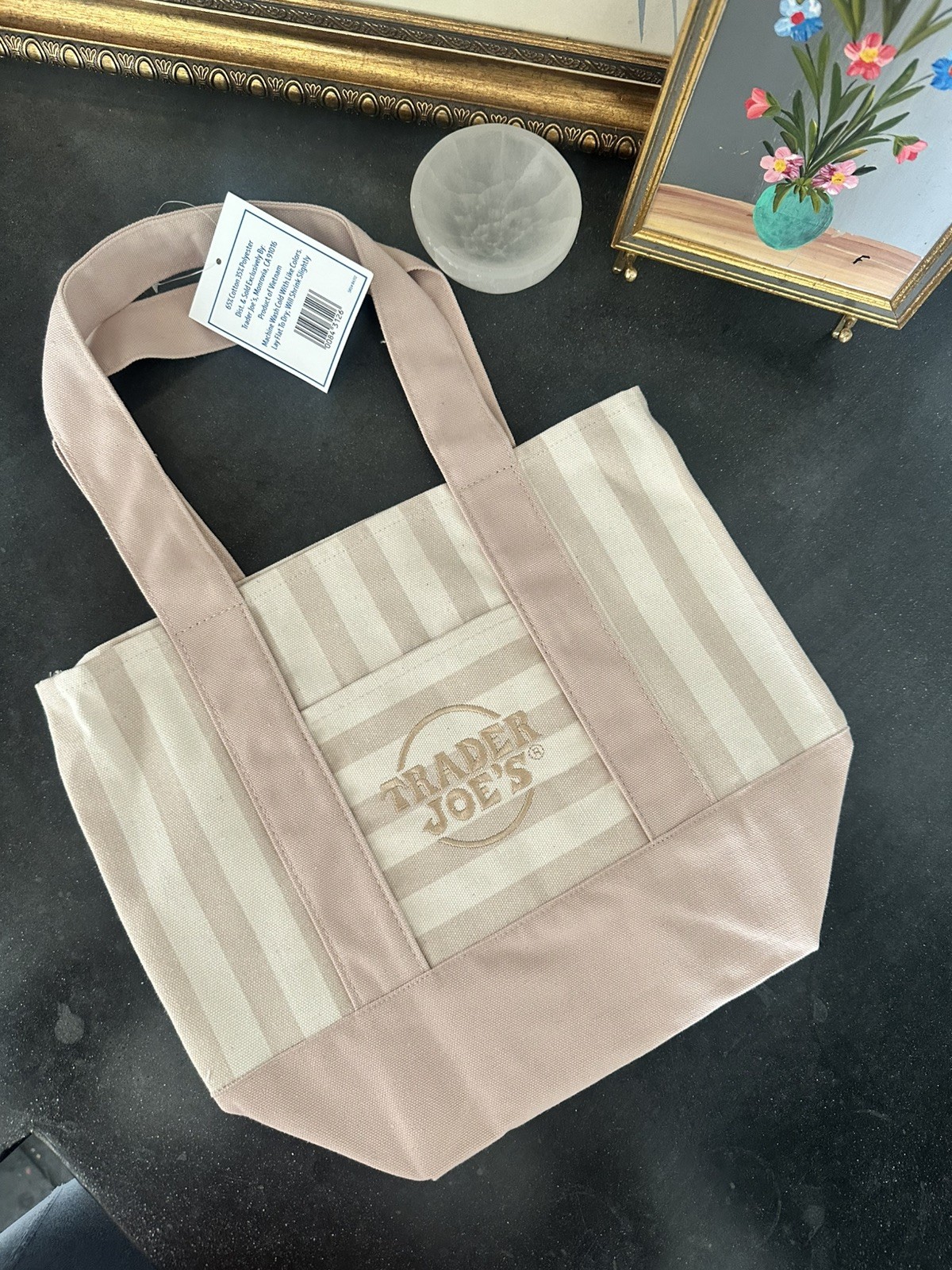 Trader Joes Striped Mini Canvas Tote Bag Limited Edition Summer Beige, nude tan