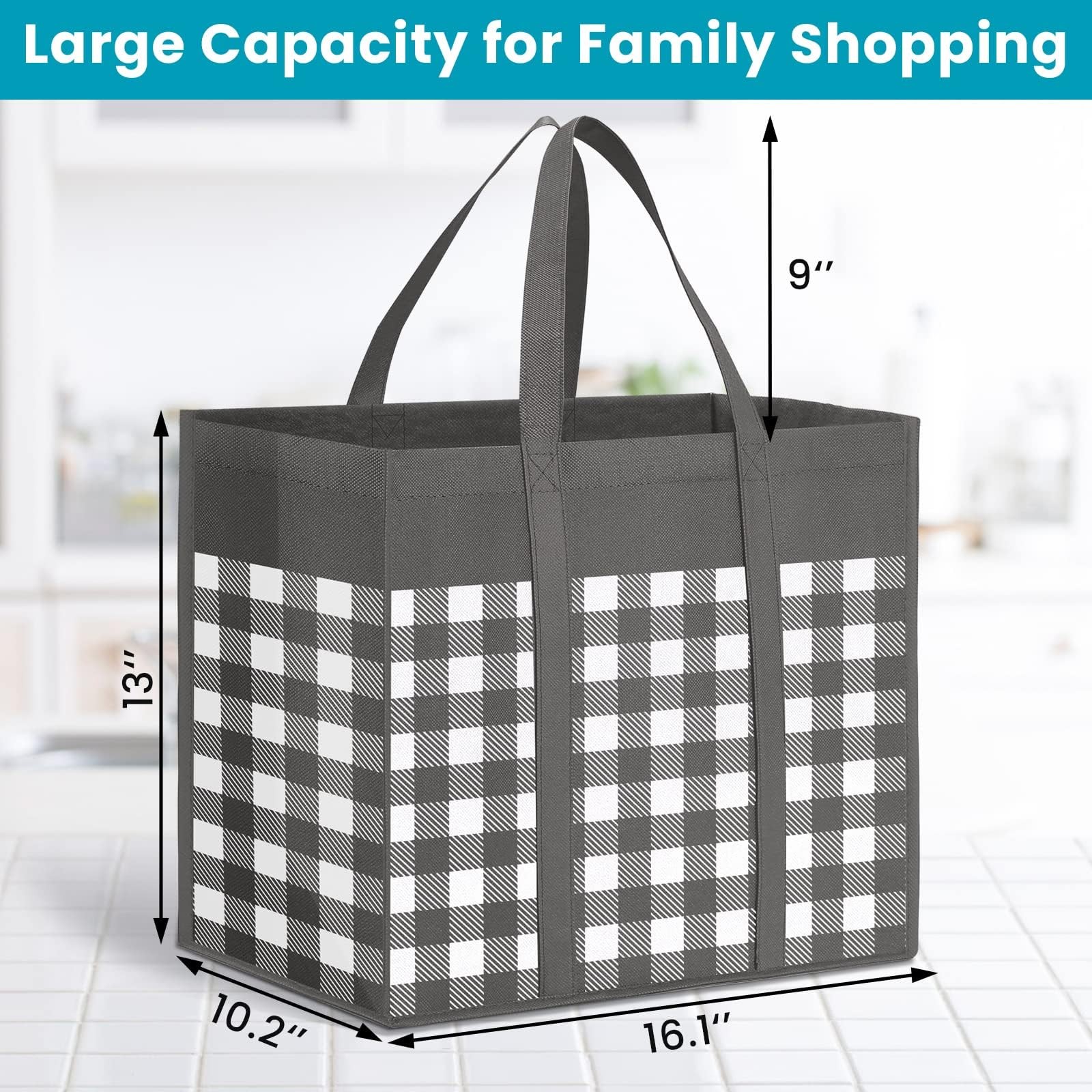 10 PCS Reusable Grocery Shopping Bags Foldable Reinforced Handles Grey White
