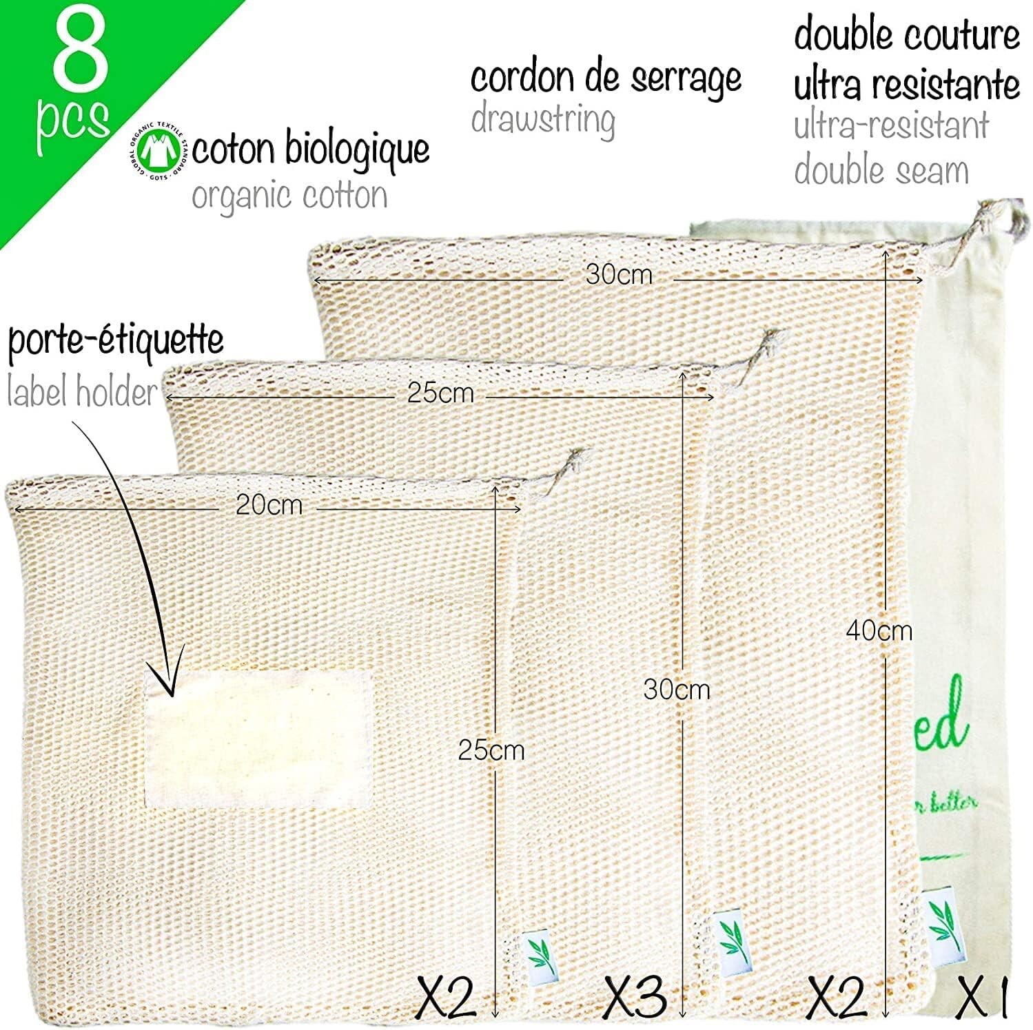 Reusable Produce Bags – Mesh Cotton Fruit and Vegetable Drawstring Bag -Set of 8