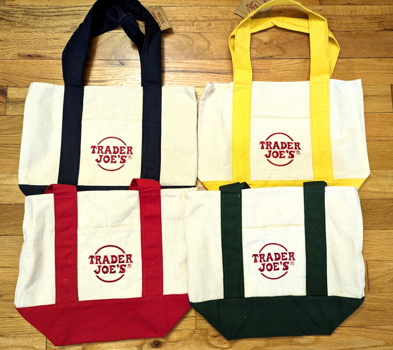NEW TRADER JOE’S MINI TOTE BAG BLUE RED GREEN YELLOW CANVAS