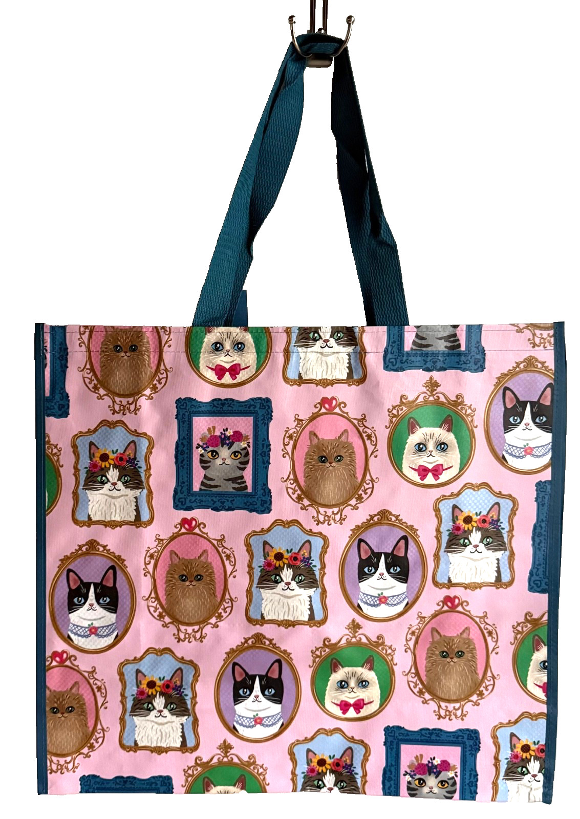 MARSHALLS LARGE TOTE SHOPPING BAG 20″ X 18″ PINK TEAL CAT KITTEN FRAME POSE NEW
