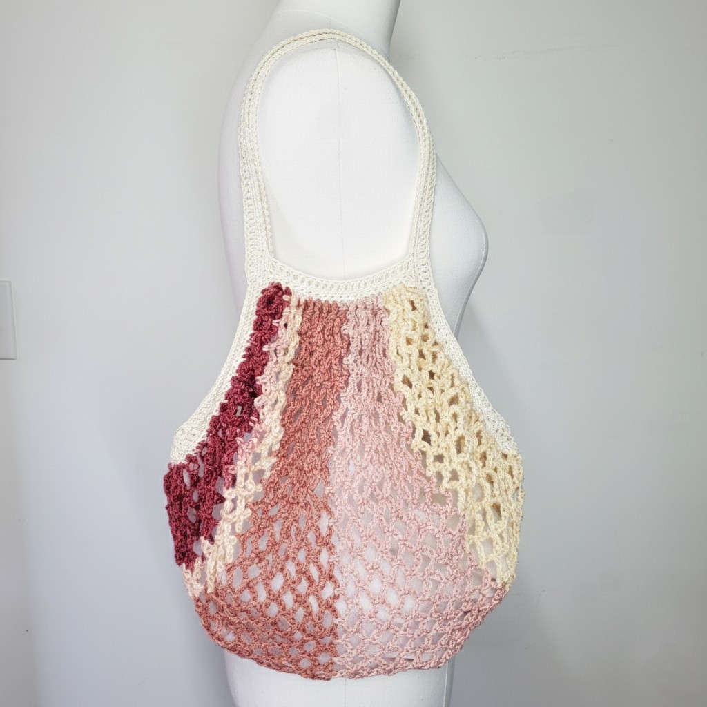 Handmade Purple Farmers Market Bag Crochet Net French Cotton Grocery Beach Reuse