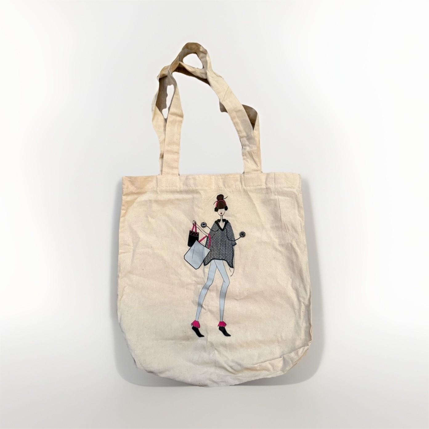Beige Canvas Foldable Tote Bag, Graphic Pattern, Modern Style, Medium Size