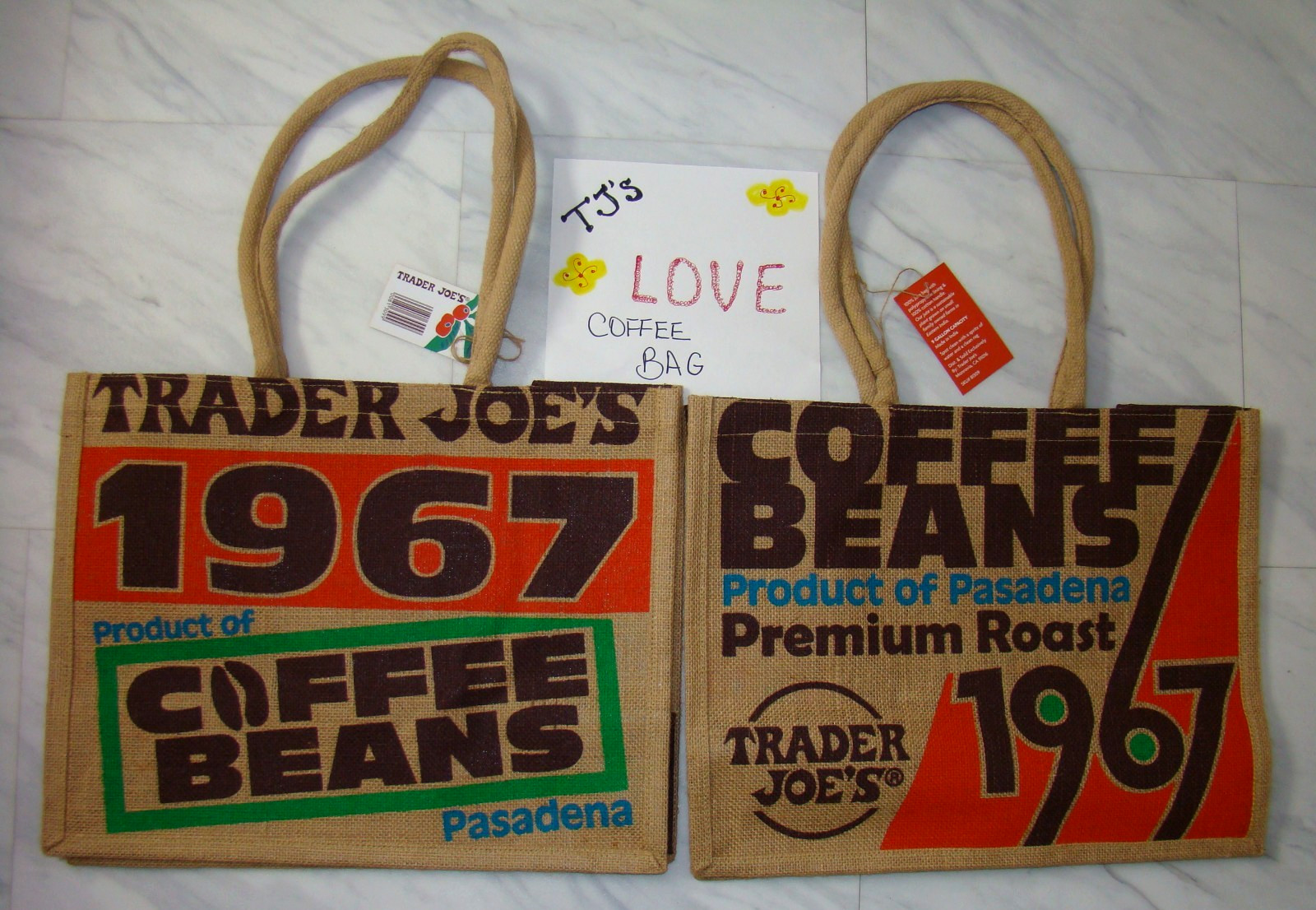 New Trader Joe’s Pasadena Coffee Beans Reusable Shopping Grocery Jute Burlap Bag