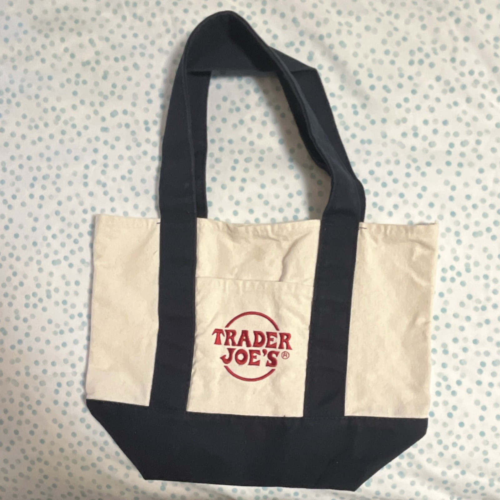 Trader Joe’s Reusable Canvas Shopping Bag Tote Foldable Beige/Navy Blue