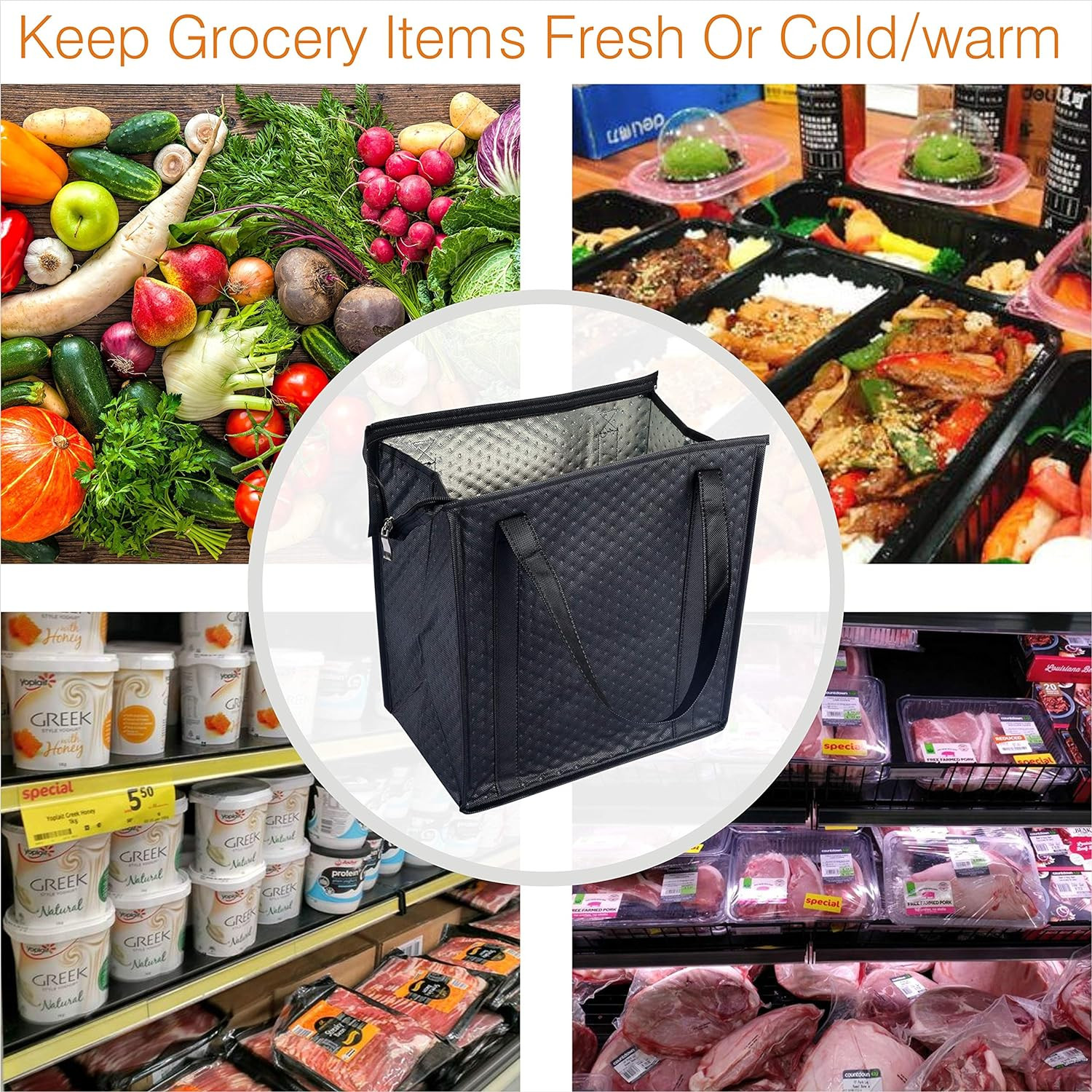2PCS Refrigerator Grocery Bag,Cooler Bag,Zipper,Black,Blue