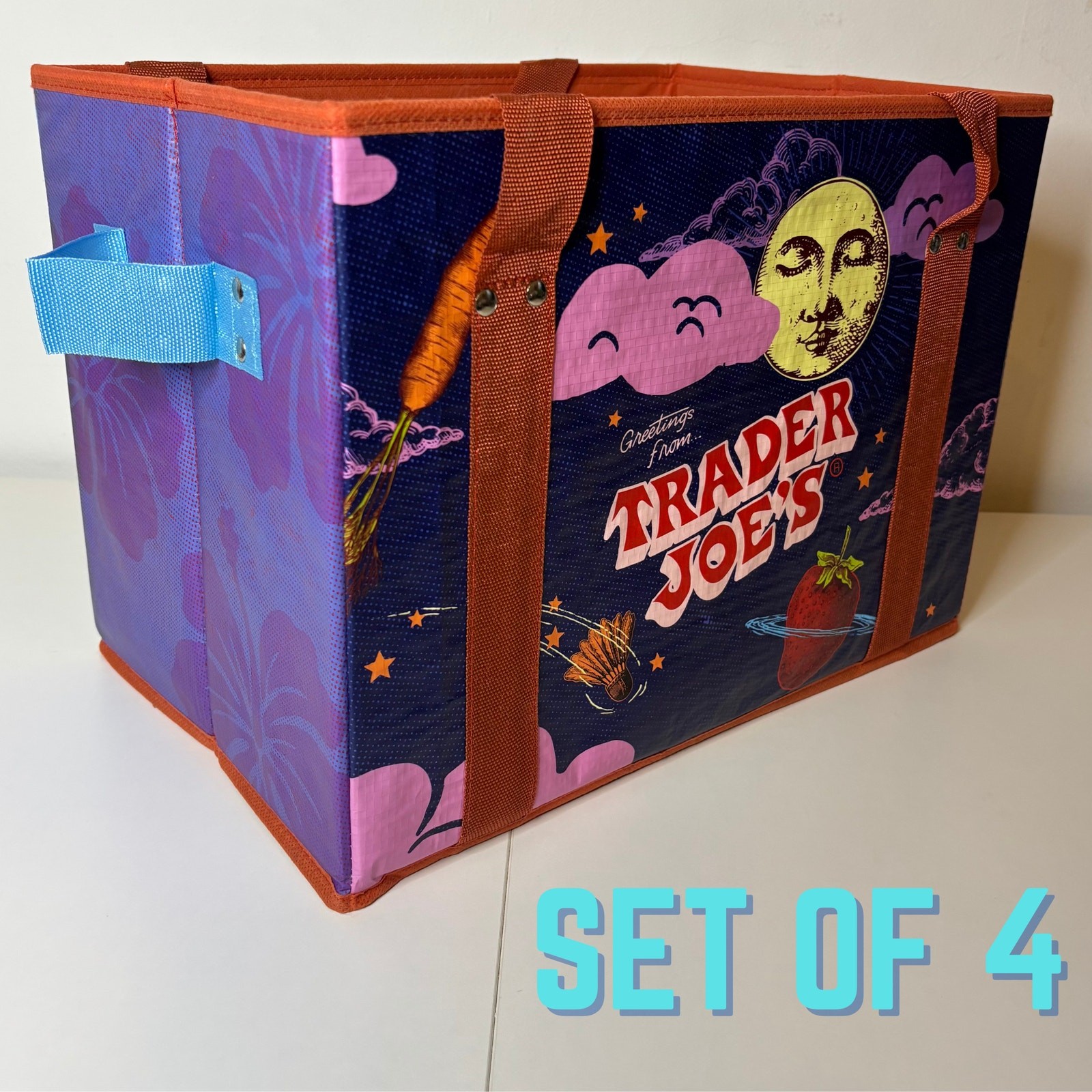 LOT 4x — Trader Joe’s Stand-Up Collapsable Grocery Tote Bag Box Car Storage NWT!