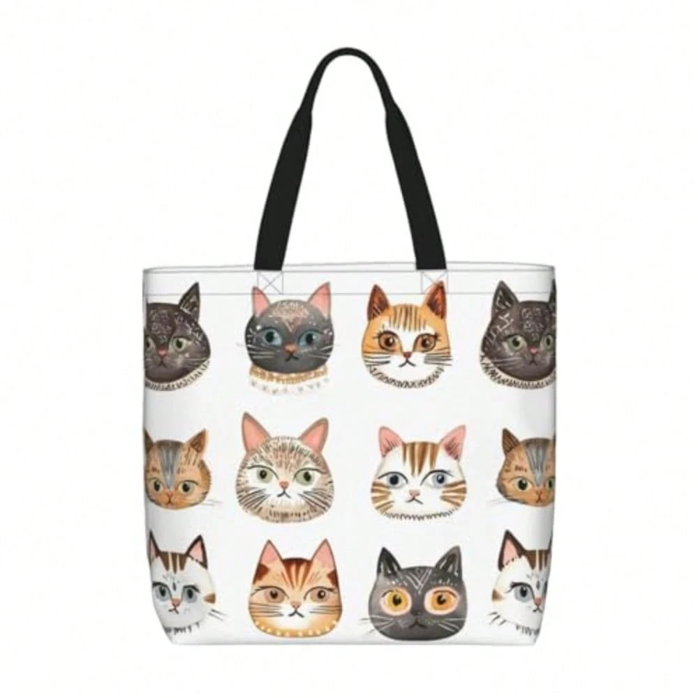 Cute Cat Print Tote Bag For Women Large Reusable Shopping Bag Gift For Cat Lover
