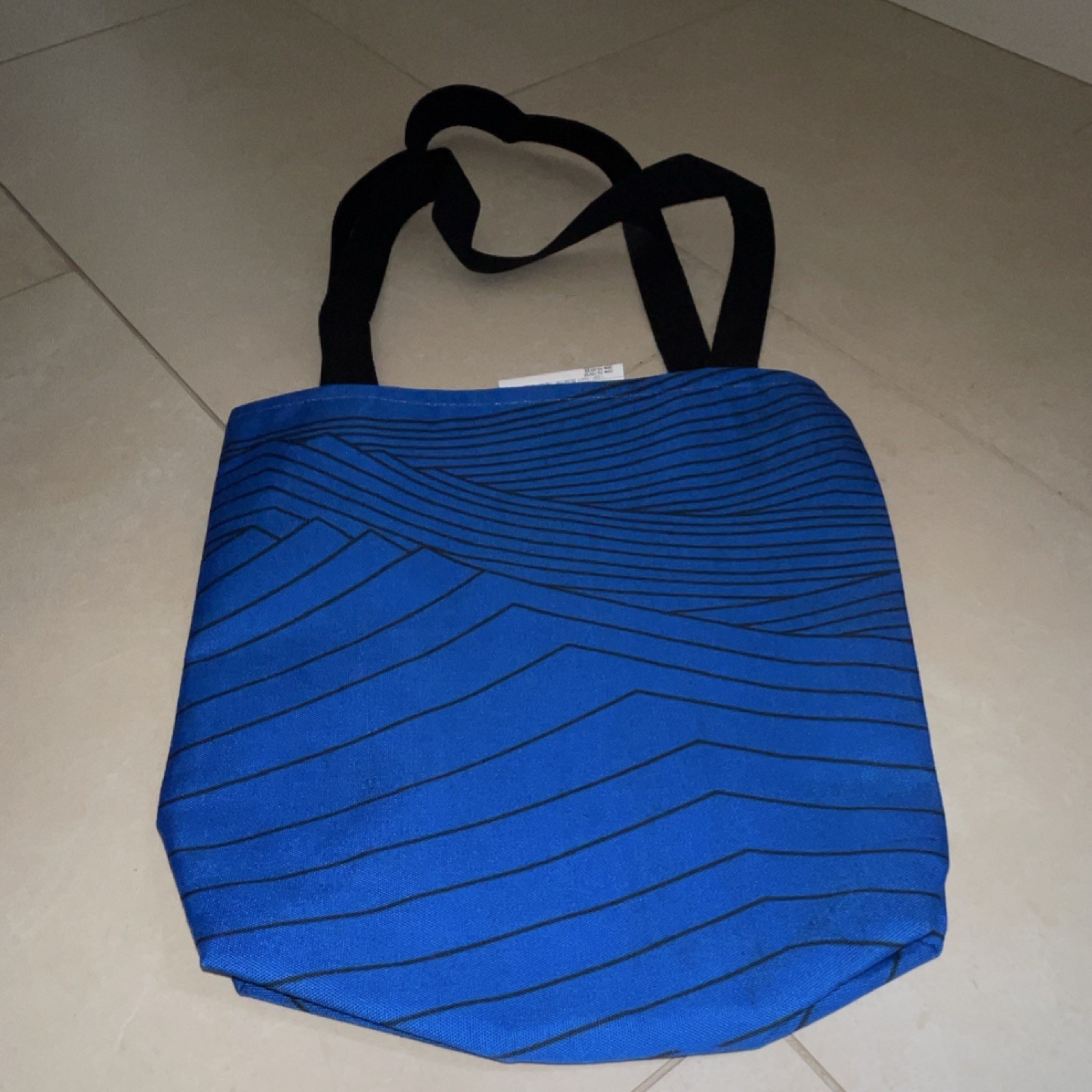 Foldable Blue Striped Reusable Shopping Bag with Black Handles