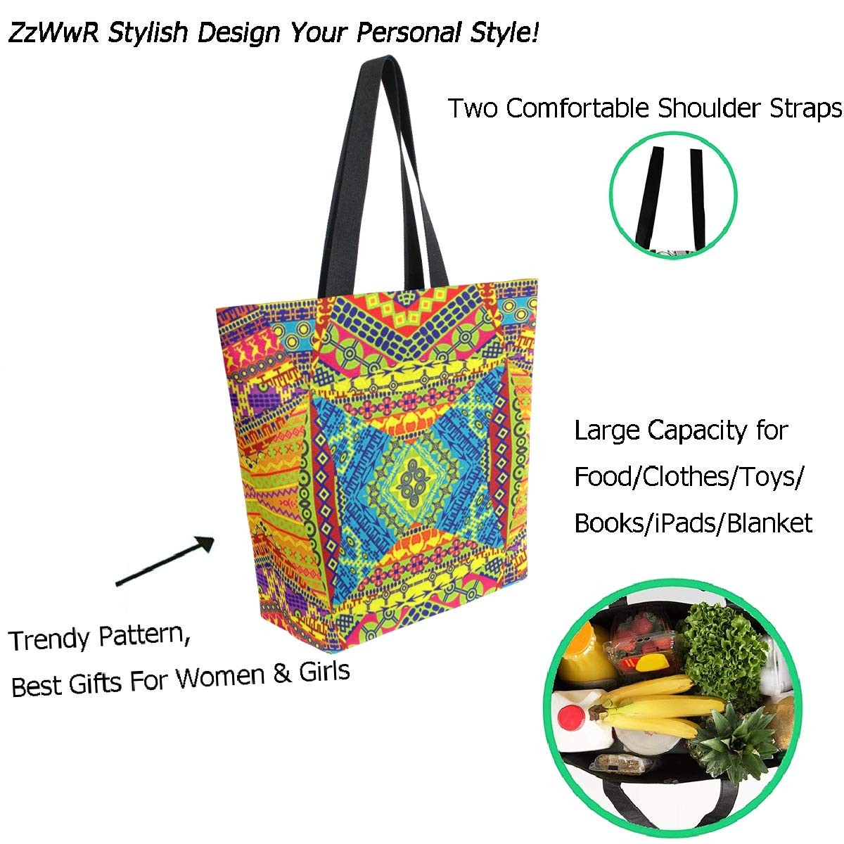 Chic Extra Large Shoulder Grocery Tote Bag, Vintage Ethnic 20×15″, Multi