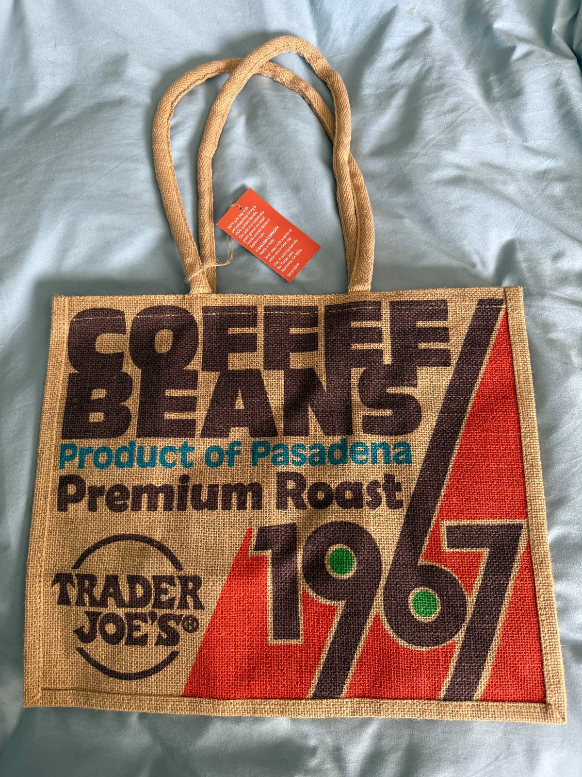 Trader Joe’s Tote Jute Bag Reusable 1967 Pasadena Anniversary Coffee Beans NWT