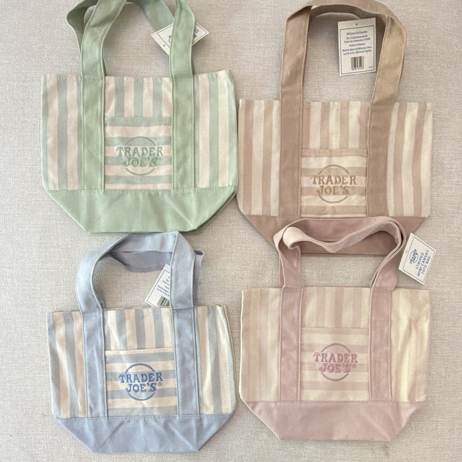 Trader Joe’s Reusable Canvas Small Striped Tote Bags 4-Pack 13x6x12 in