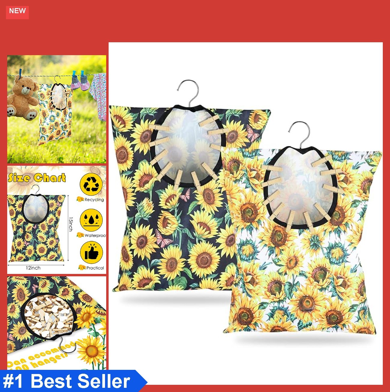 Sunflower Clothespin Bag 2 Pack 15×11 Inch Heavy Duty Canvas Clothesline