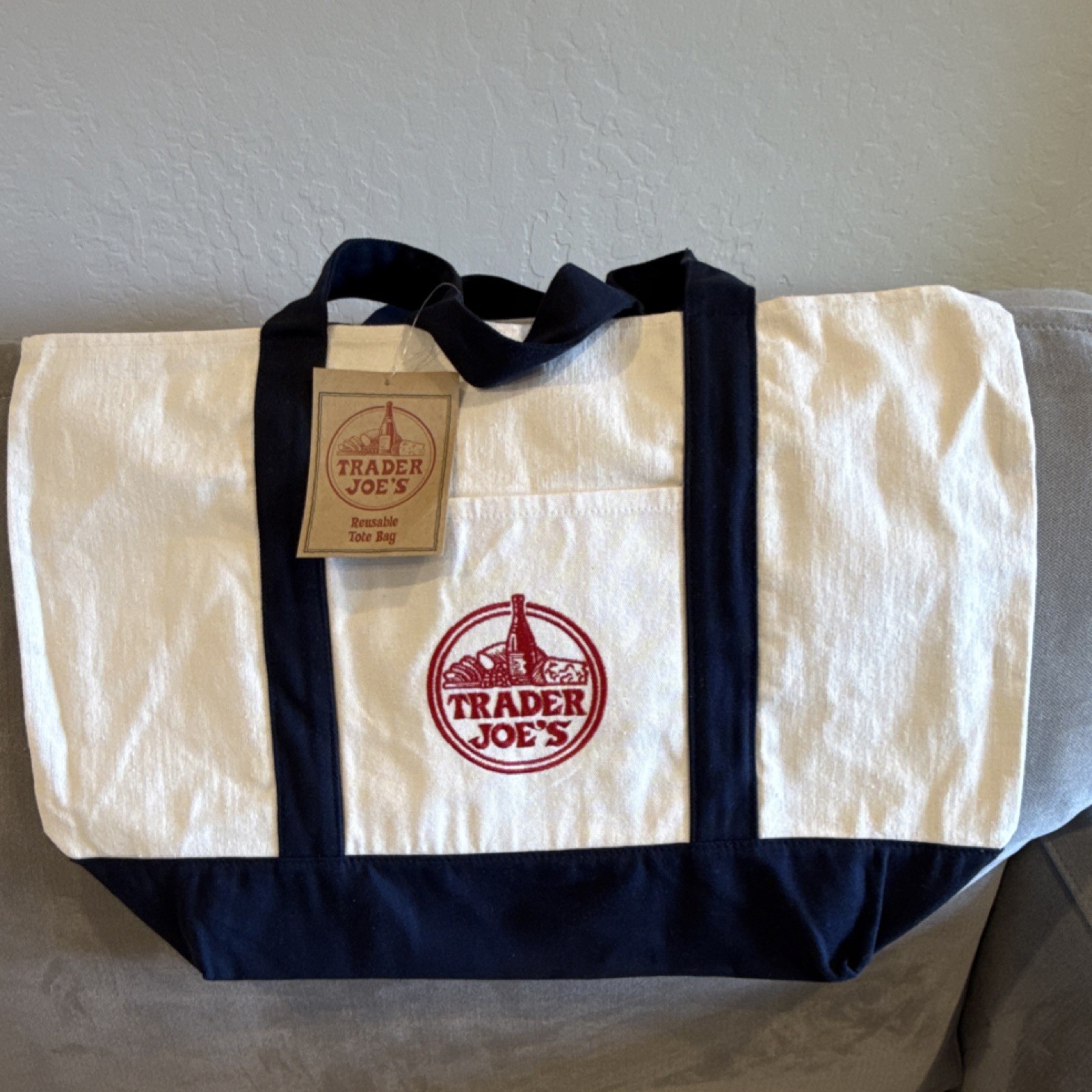 Trader Joe’s Large Canvas Tote Bag White Navy Blue
