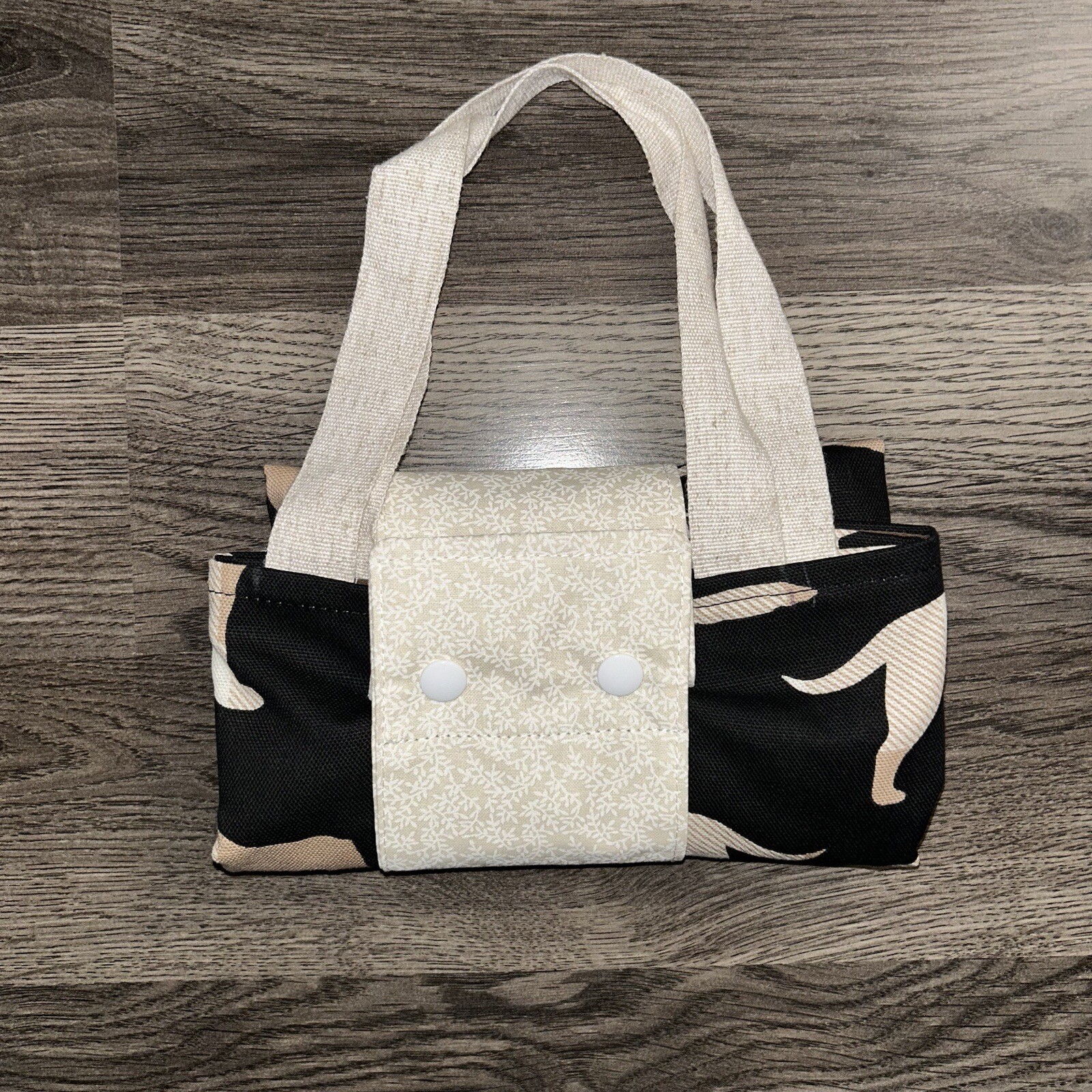 Handmade Embroidered Foldable Reusable Grocery Bag Khaki Plaid Black Dogs