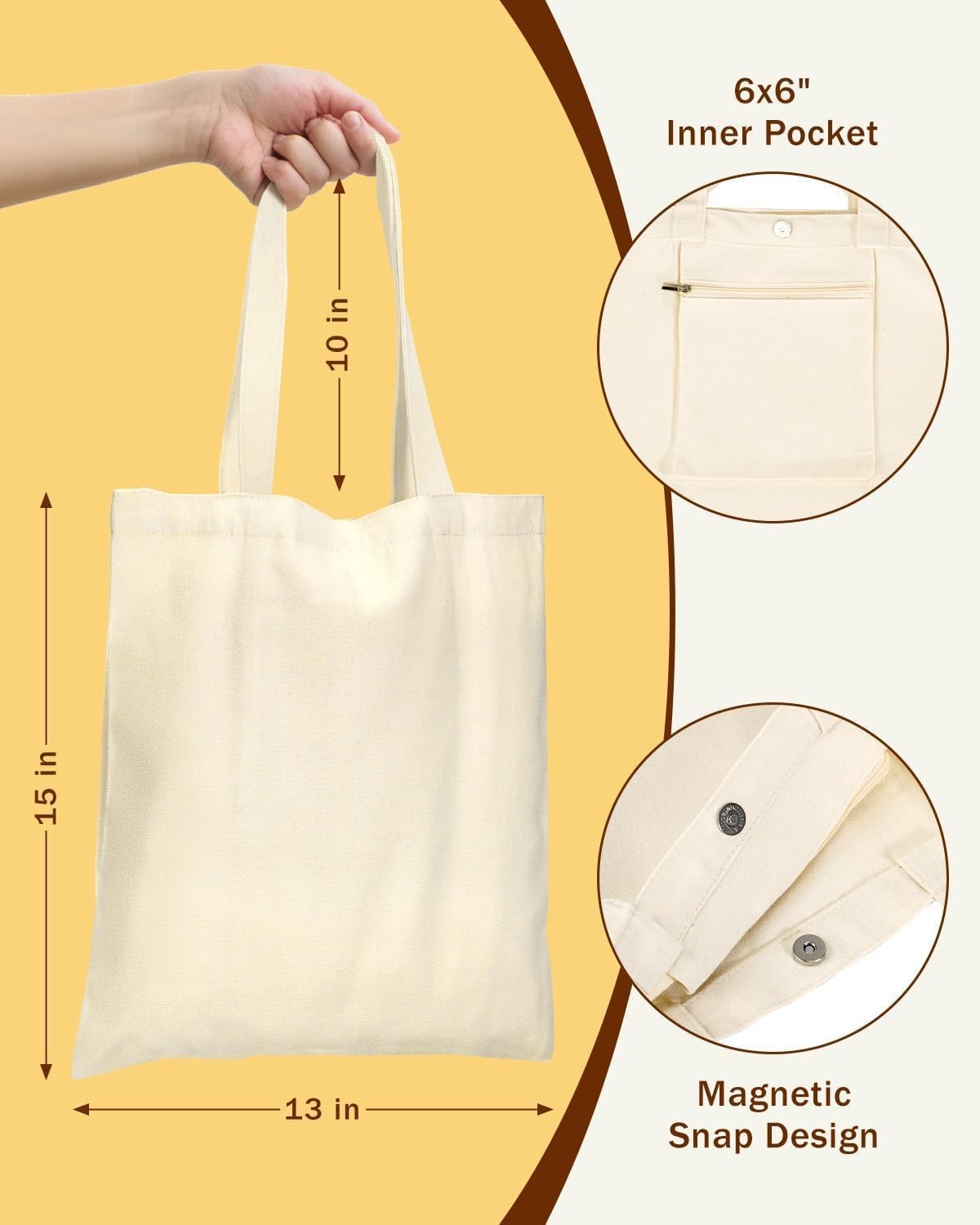 Canvas Tote Bag Bulk with Pocket and Magnetic Snaps Buttons, 24 Pack 13×15 In…