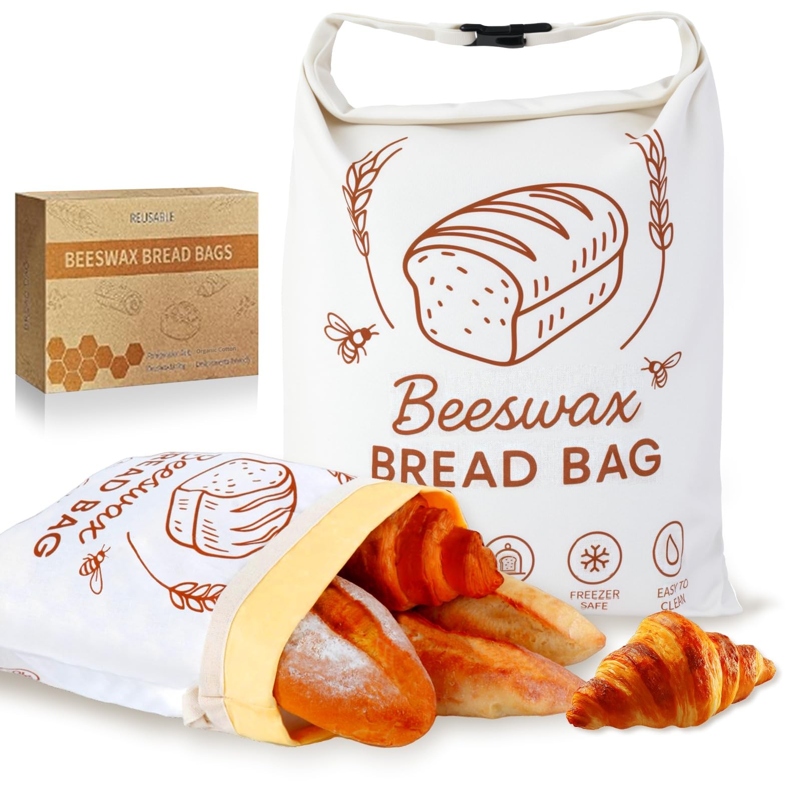 2 Pack Beeswax Bread Bags for Homemade Bread, XL Reusable 13″ X 17″, white
