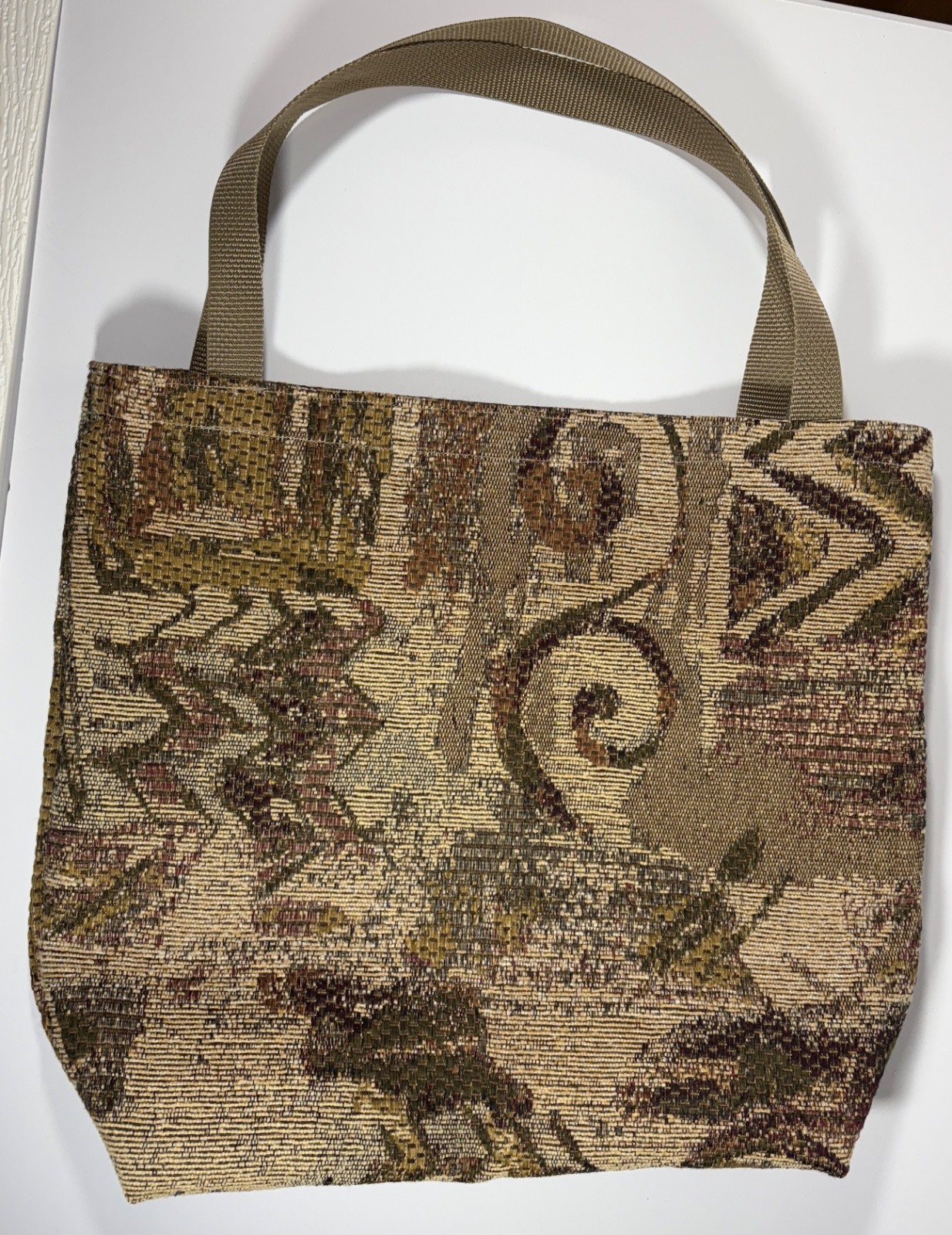 Reusable Grocery Shopping Tote Beige Harvey Upholste Fabric with Webbing Handles