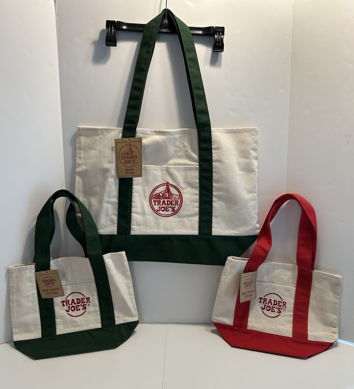 NEW Trader Joes Reusable Large Bag And Canvas Mini Tote Set of 3 Green & Red