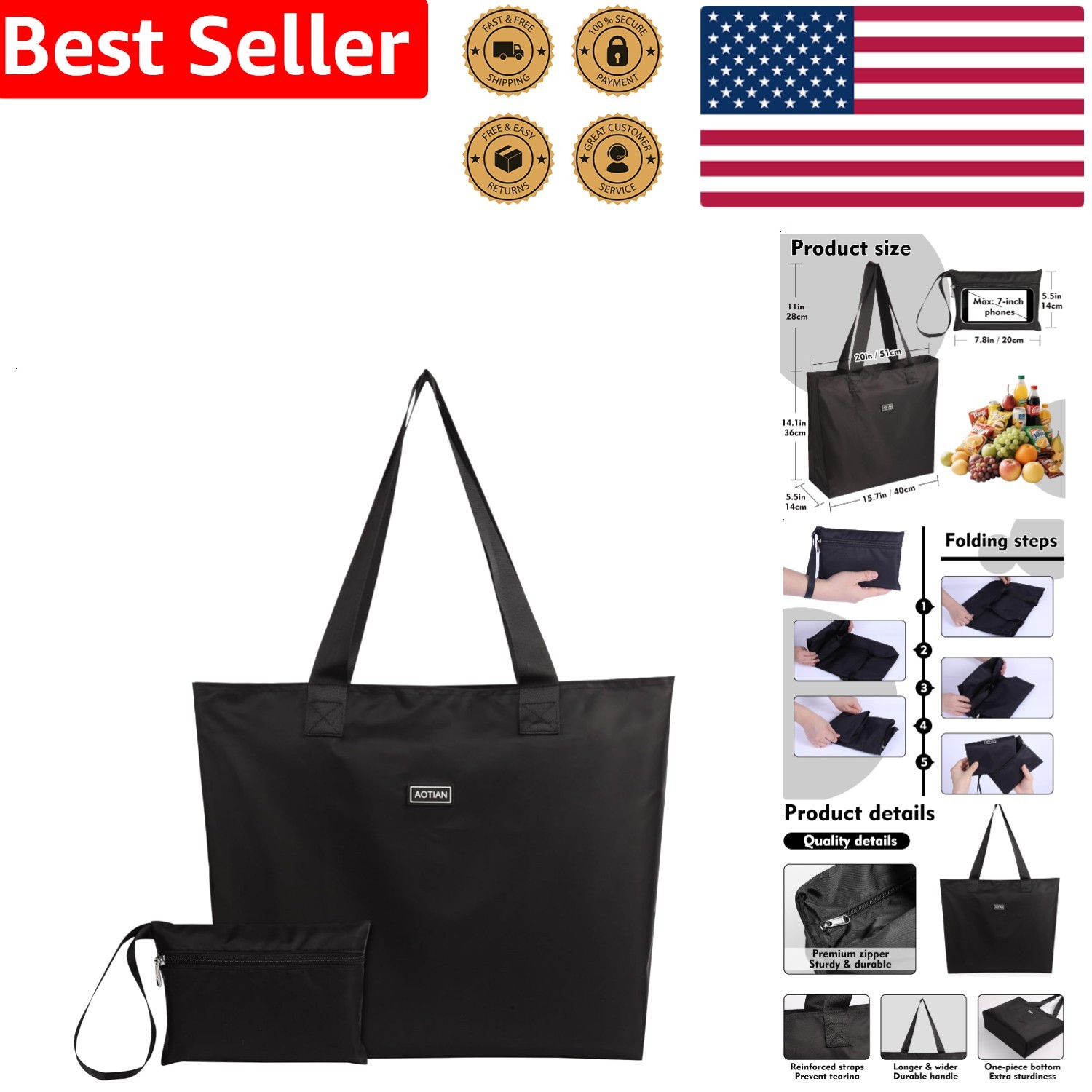 Compact 20 Liter Tote Bag, Tear Proof Polyester, Washable Grocery Shopping Tote