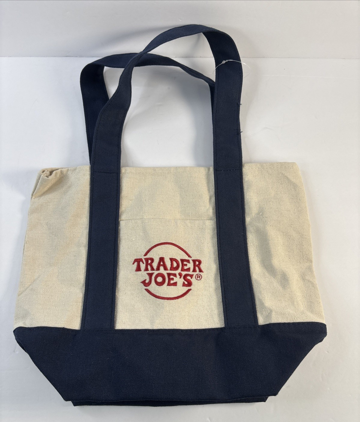 Trader Joes Mini Tote Canvas Blue Handle Red Logo NWOT Minimalist