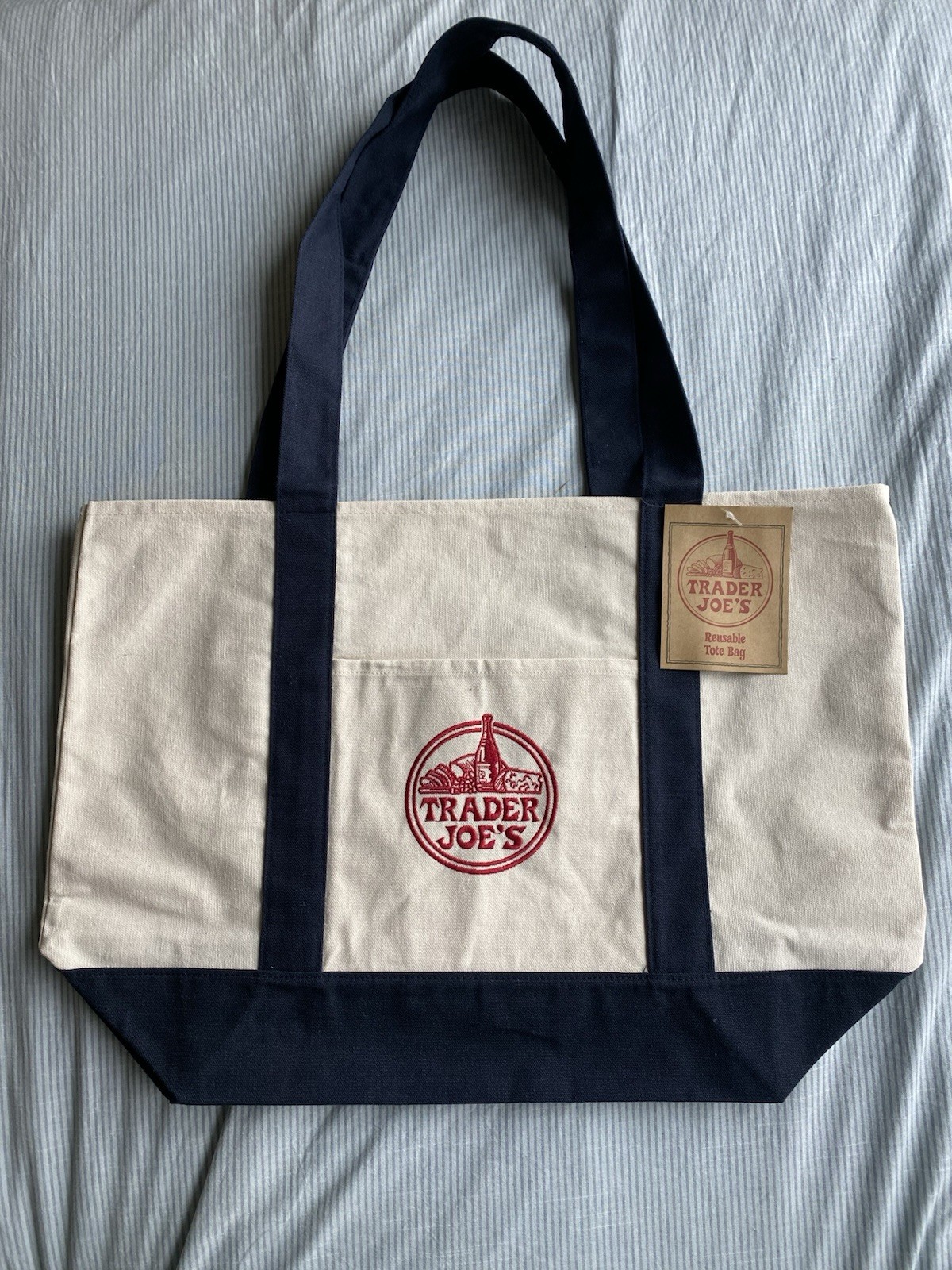 Trader Joe’s Canvas Foldable Reusable Shopping Bag Tote Beige Navy Blue