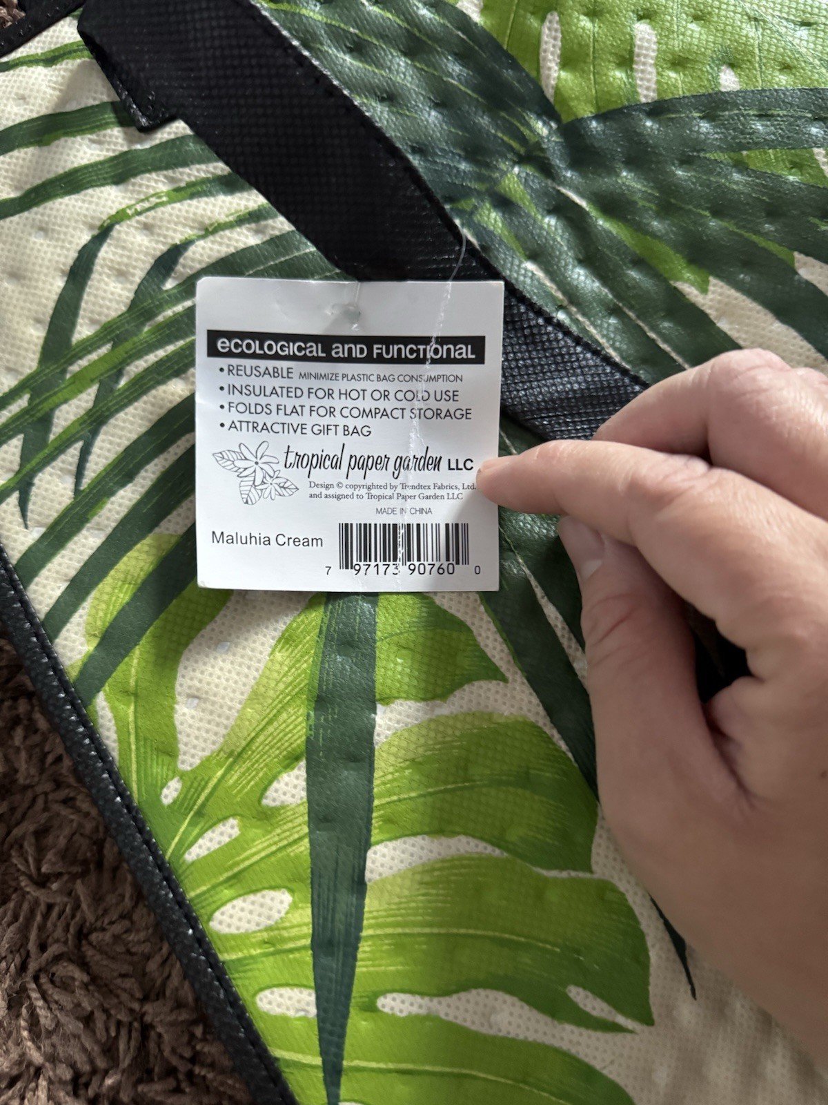 NWT Tropical Paper Garden Insulated Reusable Shopping or Lunch Tote Bag Greenery