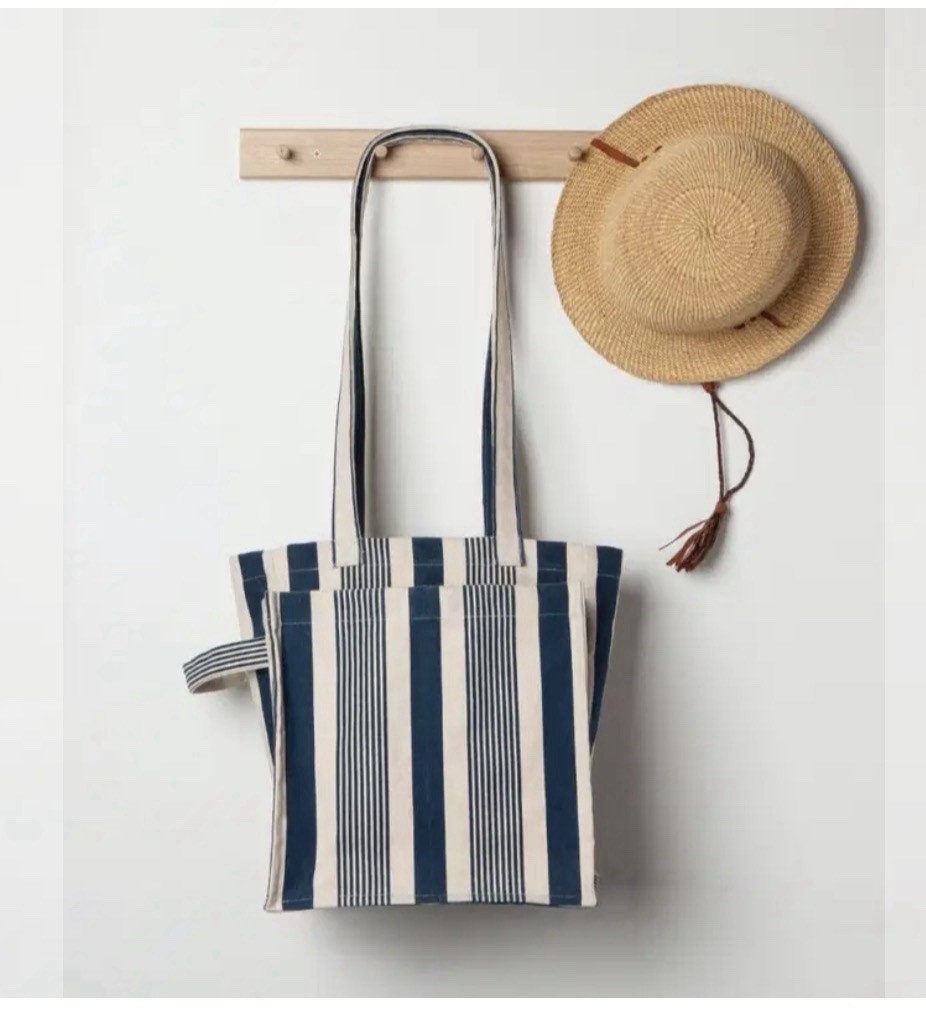 Now Designs Blue & White Striped Reusable Tote Bag Medium 11.5x13x14 in