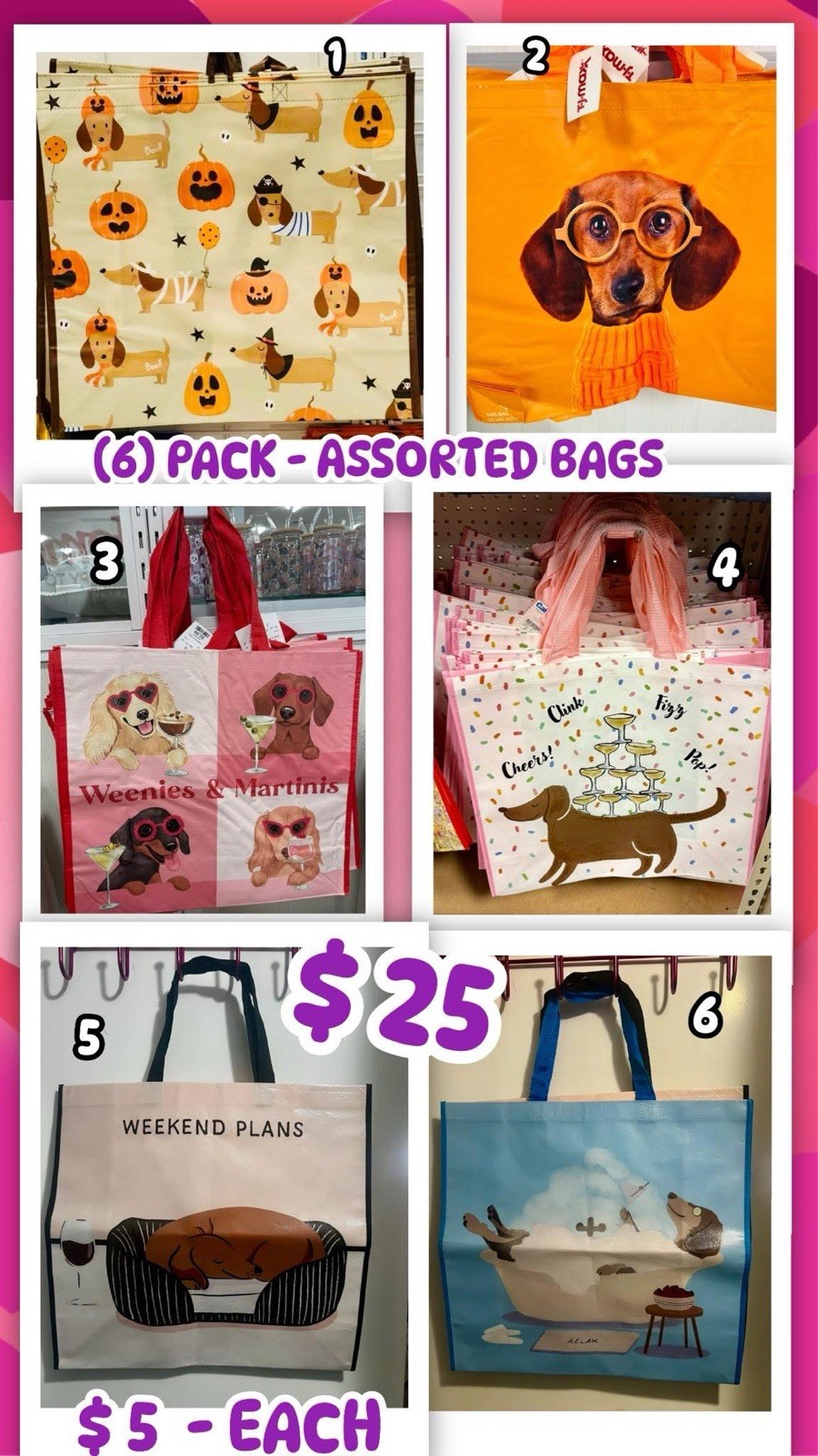 Adorable Reusable ASSORTMENT OF DACHSHUND Shopping Bags – (6 Pack)