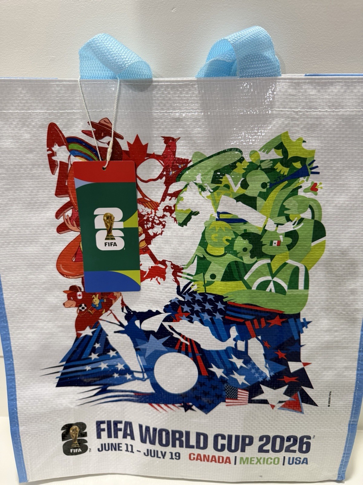 FIFA World Cup 2026 Reusable Shopping Tote Bag White/Blue Handles Medium 15 qt