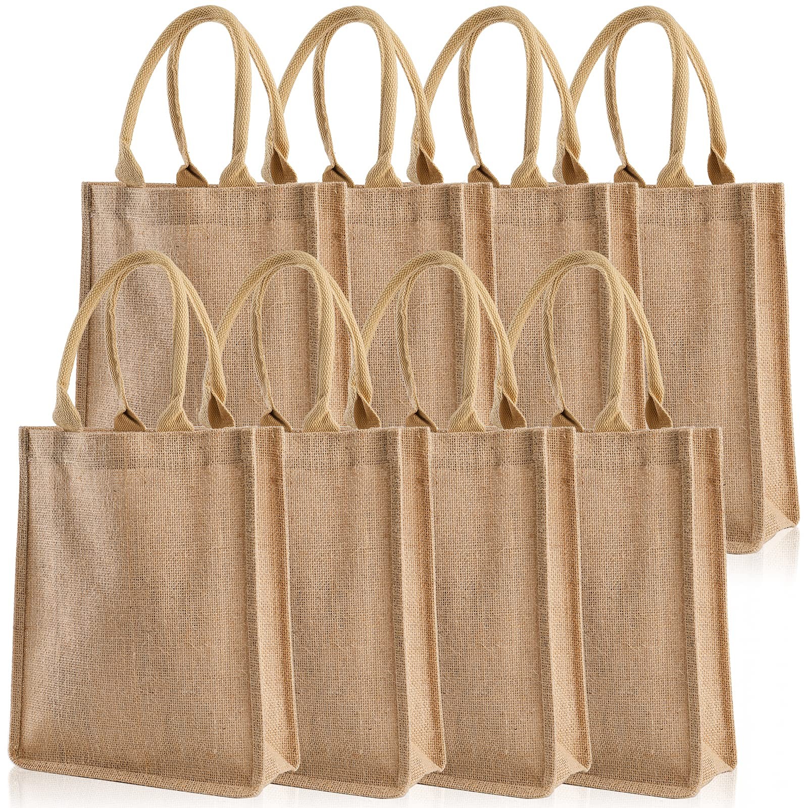 8 PCS Jute Burlap Tote Bags Handles Reusable Lined Grocery 9.8×11.8×3.9 Inch