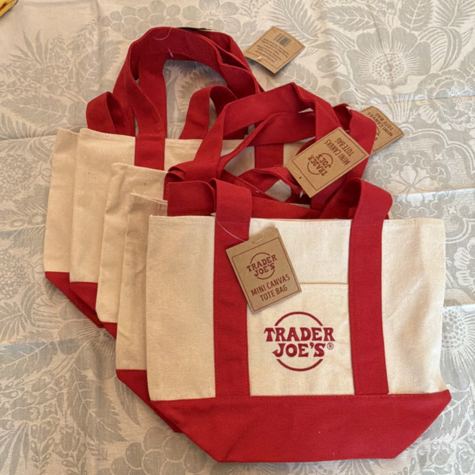 Trader Joe’s Mini Canvas Tote Bag Reusable Foldable Red Beige Small Shopping