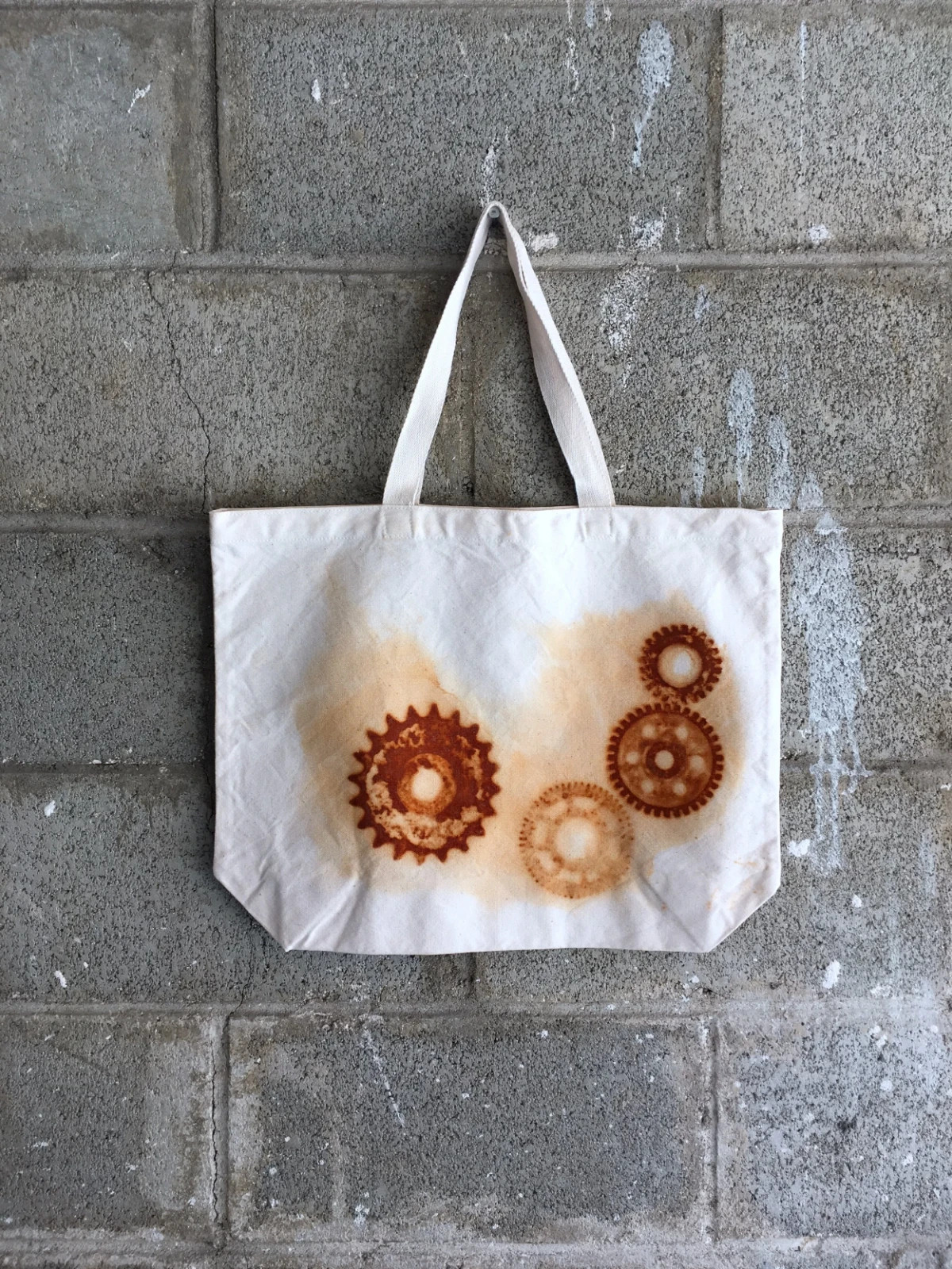 Organic Cotton Farmers Market Tote Bag Rusty Gears Handmade XL 18×14.5 Rust Dyed