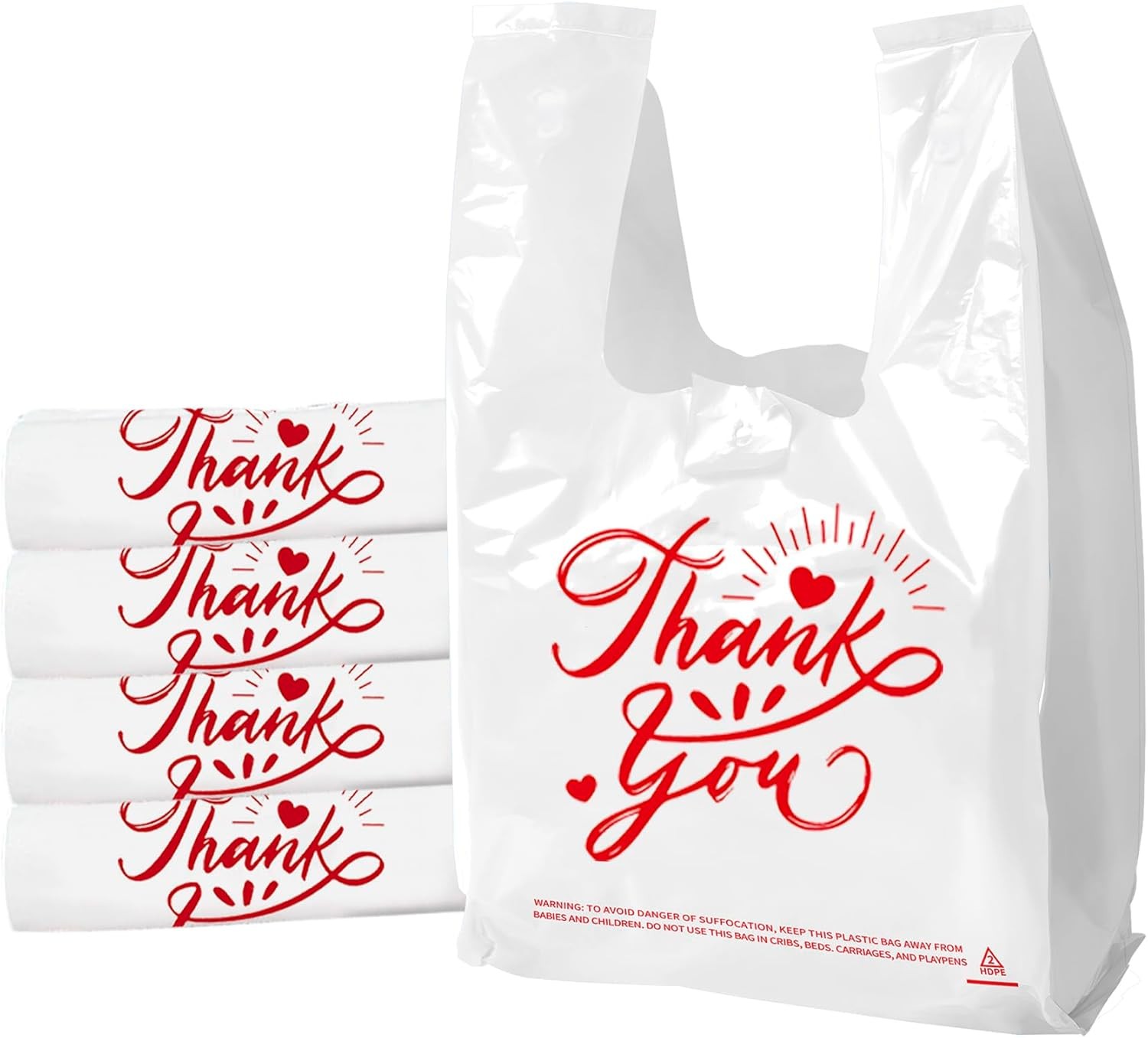 100 Pack White Thank You T-Shirt Bags – 11.5″x6.5″x21″ Reusable Grocery Bags