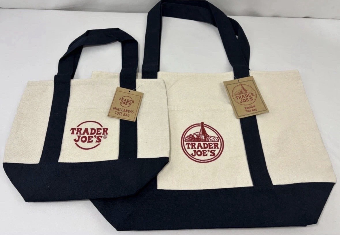 Trader Joe’s Canvas Tote Bag and Mini Tote Pair NAVY BLUE Set of 2 NWT SOLD OUT