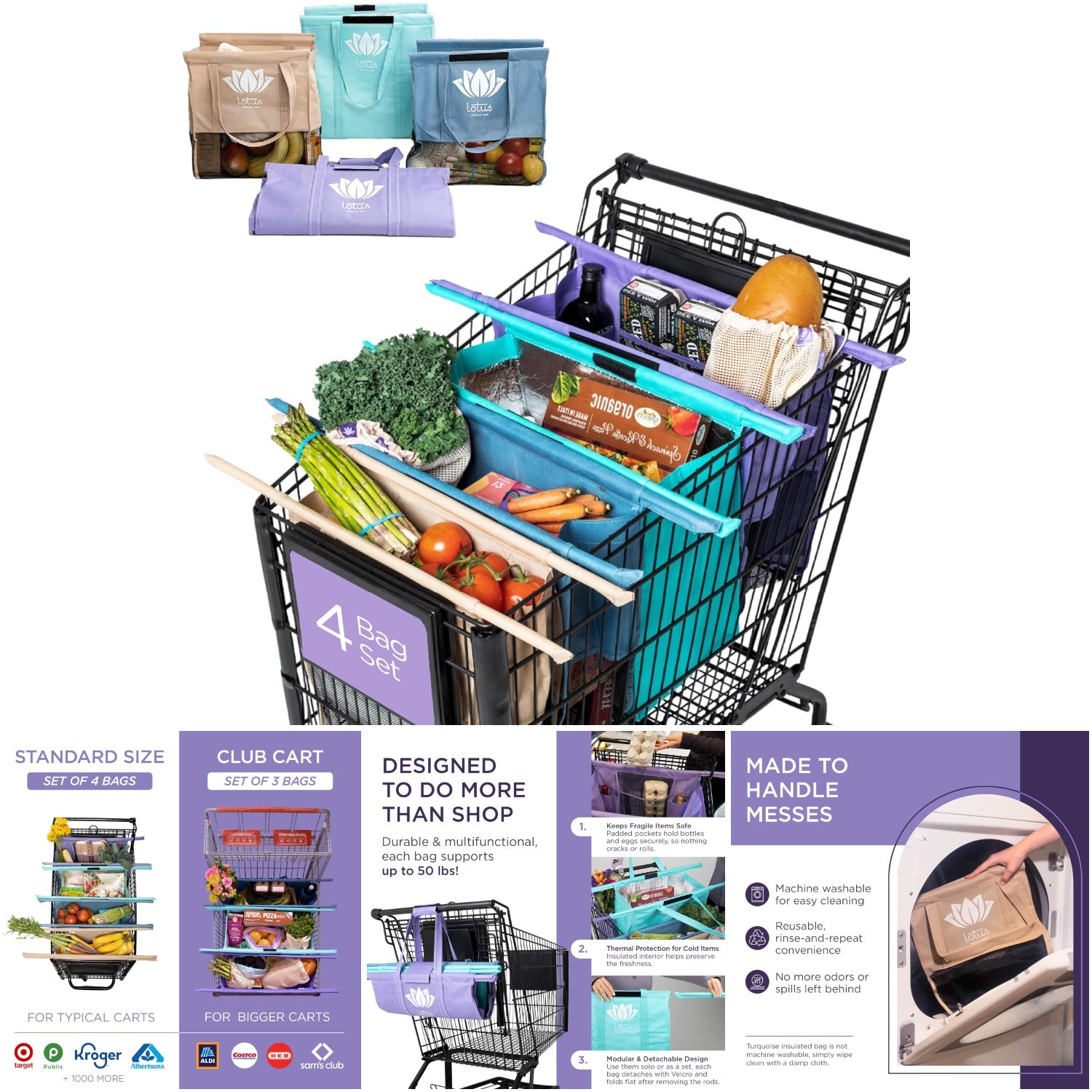 Reusable Grocery Bags 4-Pack Detachable Insulated Foldable Washable