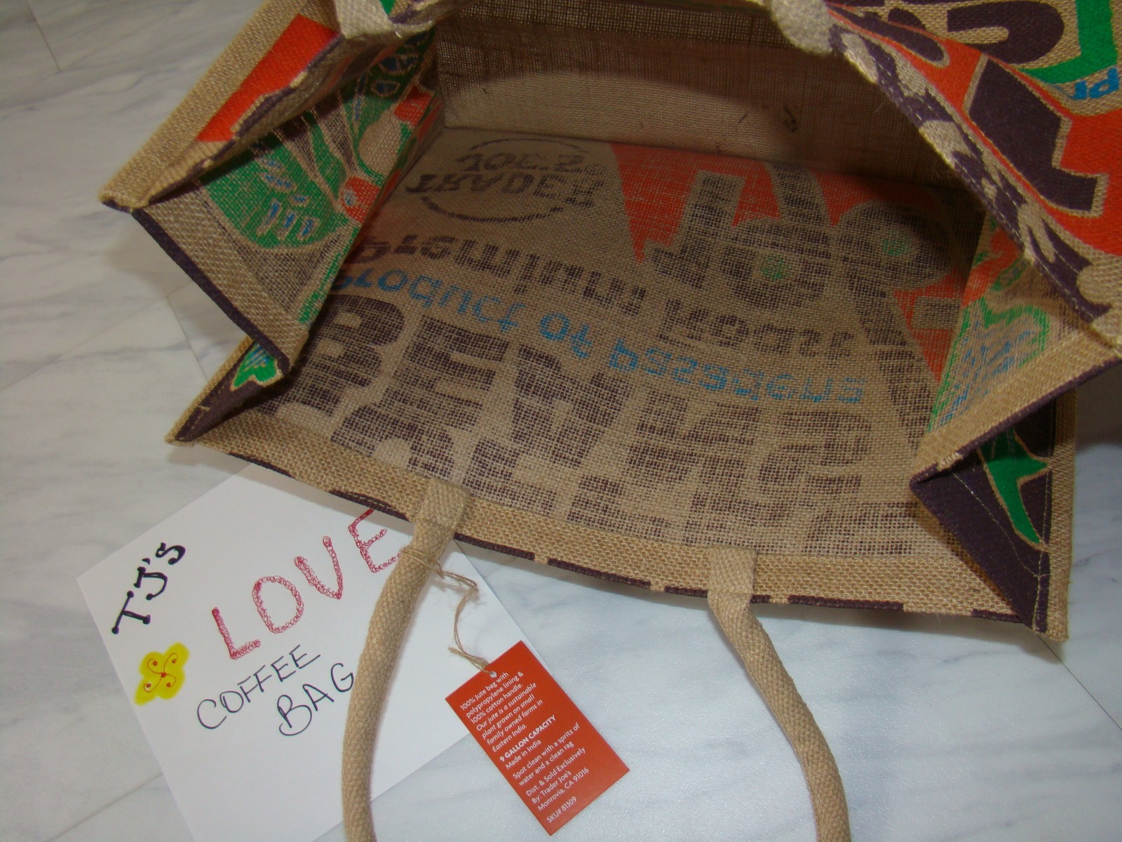New Trader Joe’s Pasadena Coffee Beans Reusable Shopping Grocery Jute Burlap Bag