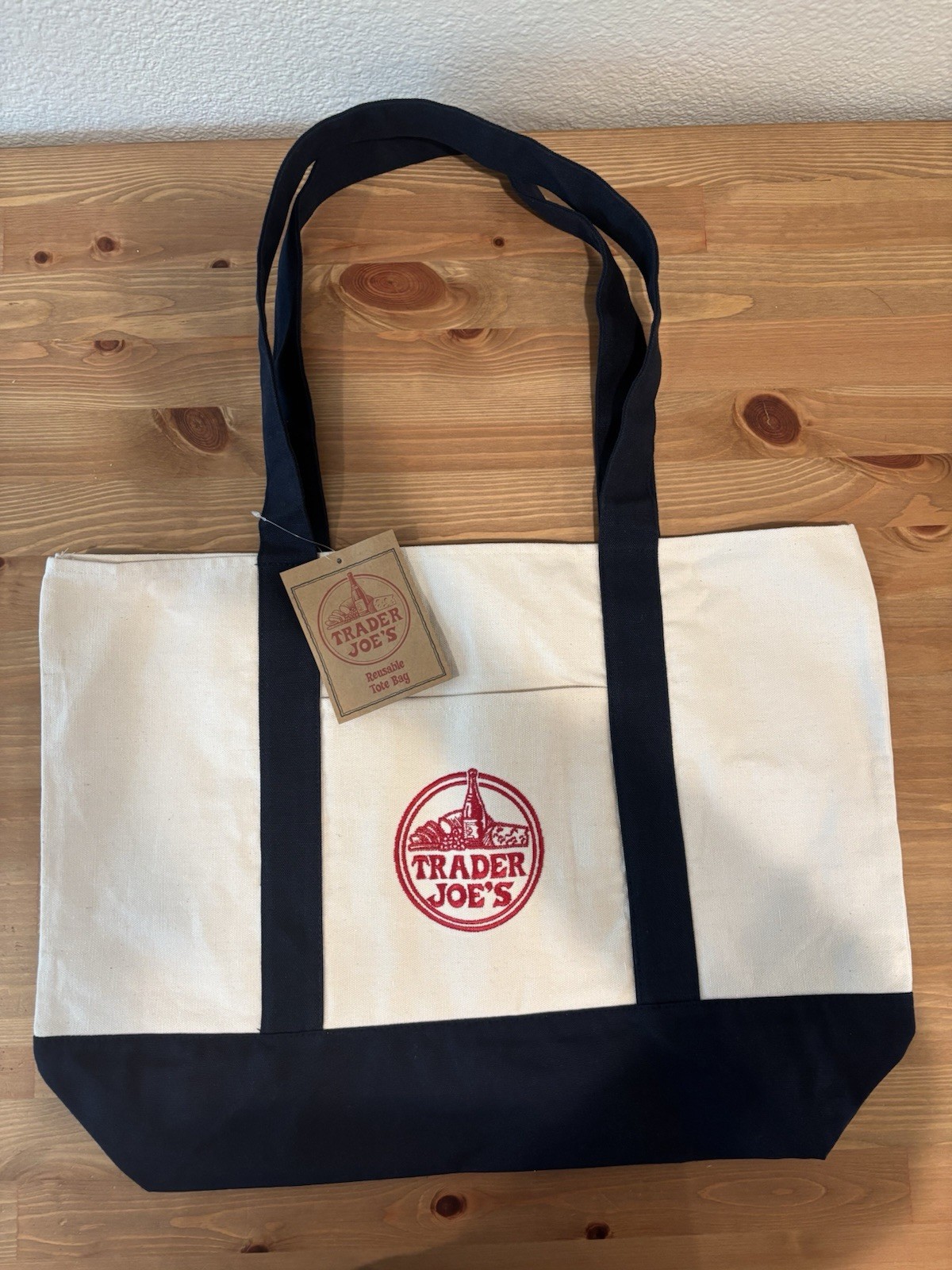 Trader Joe’s Reusable Tote Bag Canvas Cotton Blue Strap – Heavy Duty Large *New*
