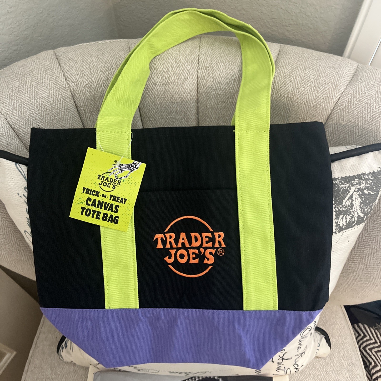 Trader Joes Trick OTreat Mini Canvas Tote Halloween blk/Lime/Pur ready To Ship!