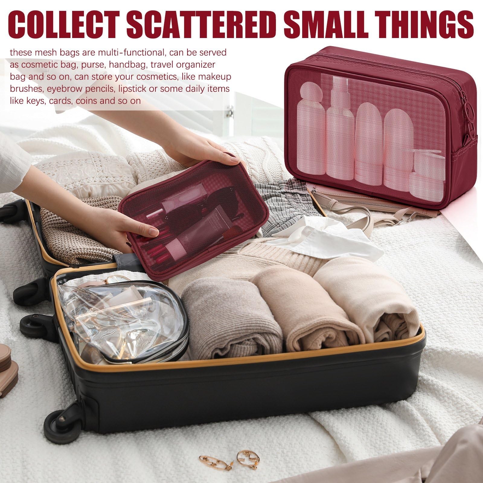 Weewooday 4 Pcs Mesh Makeup Bag Cosmetic Variety Pack, Wine Red