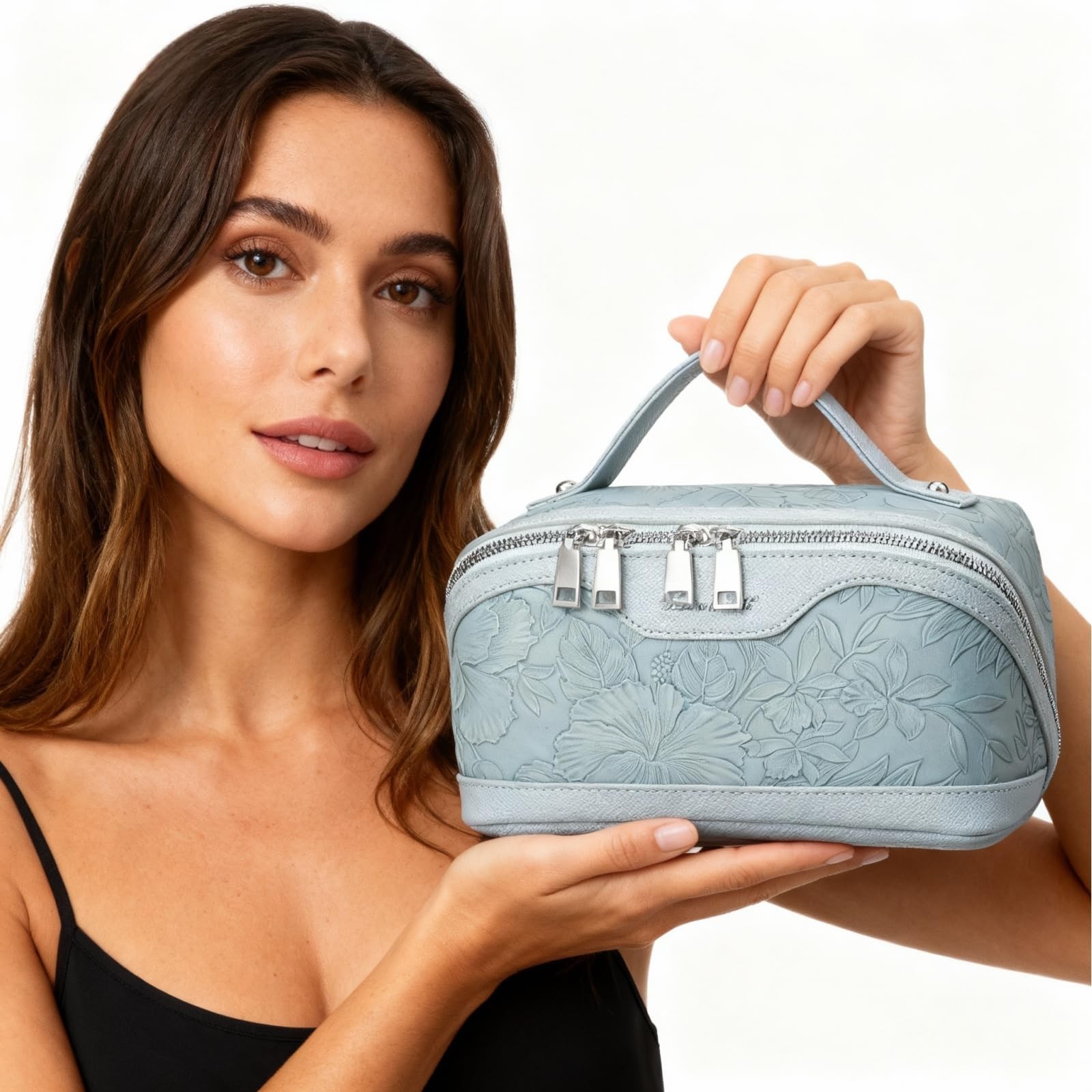QICAVZW Travel Makeup Bag for Women PU Leather Cosmetic Organizer Sky Blue