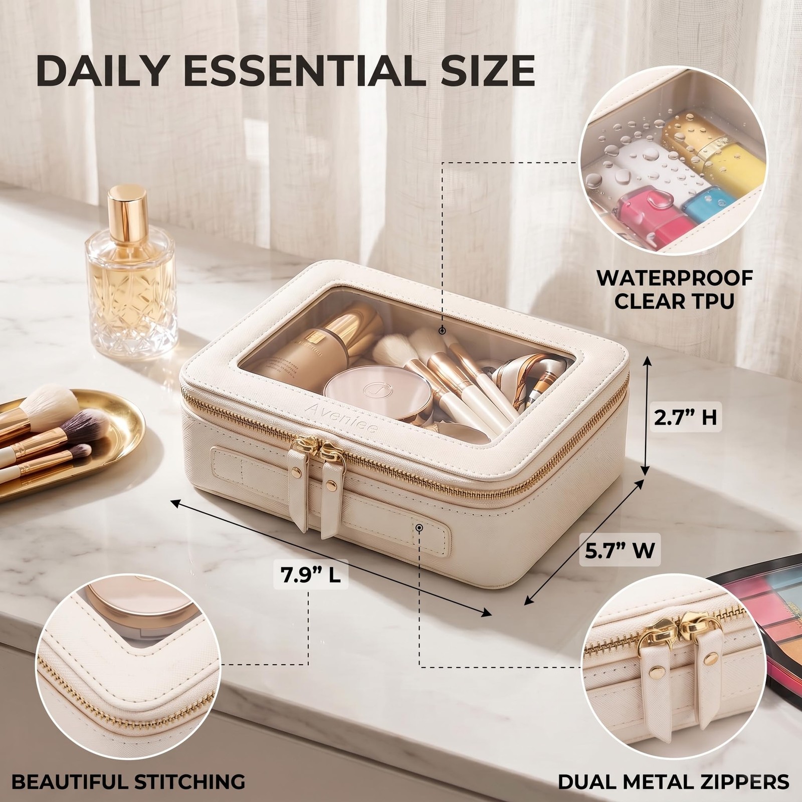 Aveniee Clear Makeup Bag Organizer, Travel Toiletry Middle, Off-White