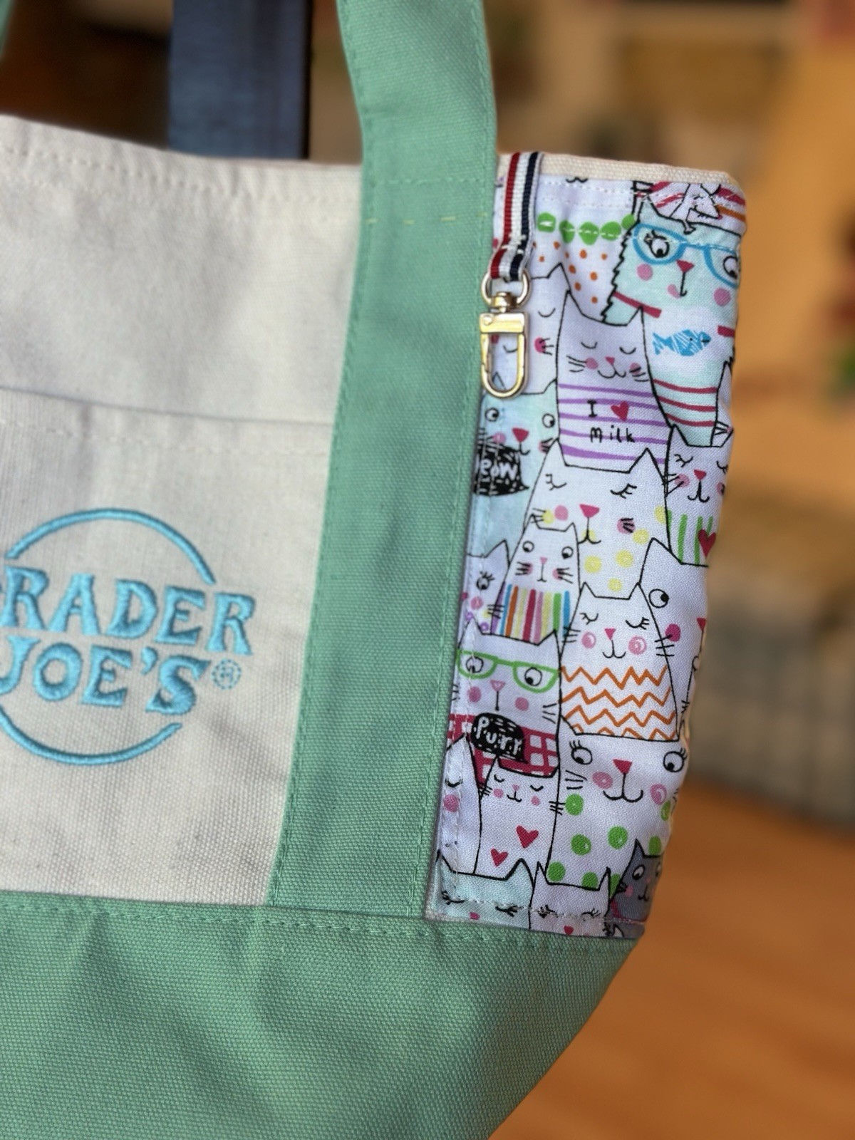 Trader Joe’s Mini Tote Customized Hearty Cats w/Confetti Lining& Pocket& Cushion