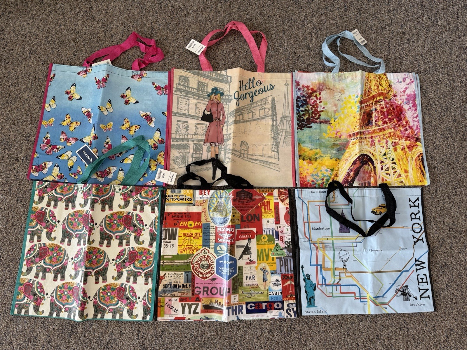 New Marshall’s Shopping Bag Lot Of 6 Bags Elephants Paris New York Butterflies