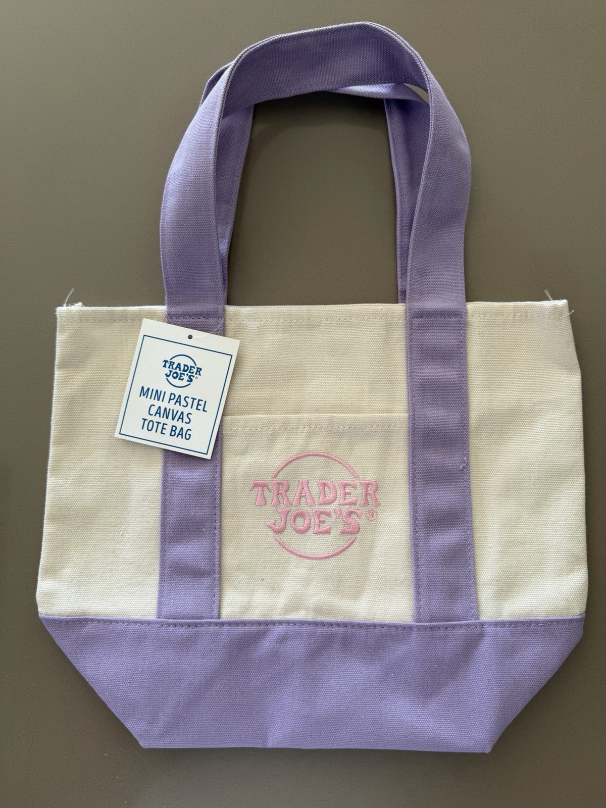 Trader Joe’s Mini Pastel Canvas Reusable Tote Bag Foldable Cotton Purple Beige